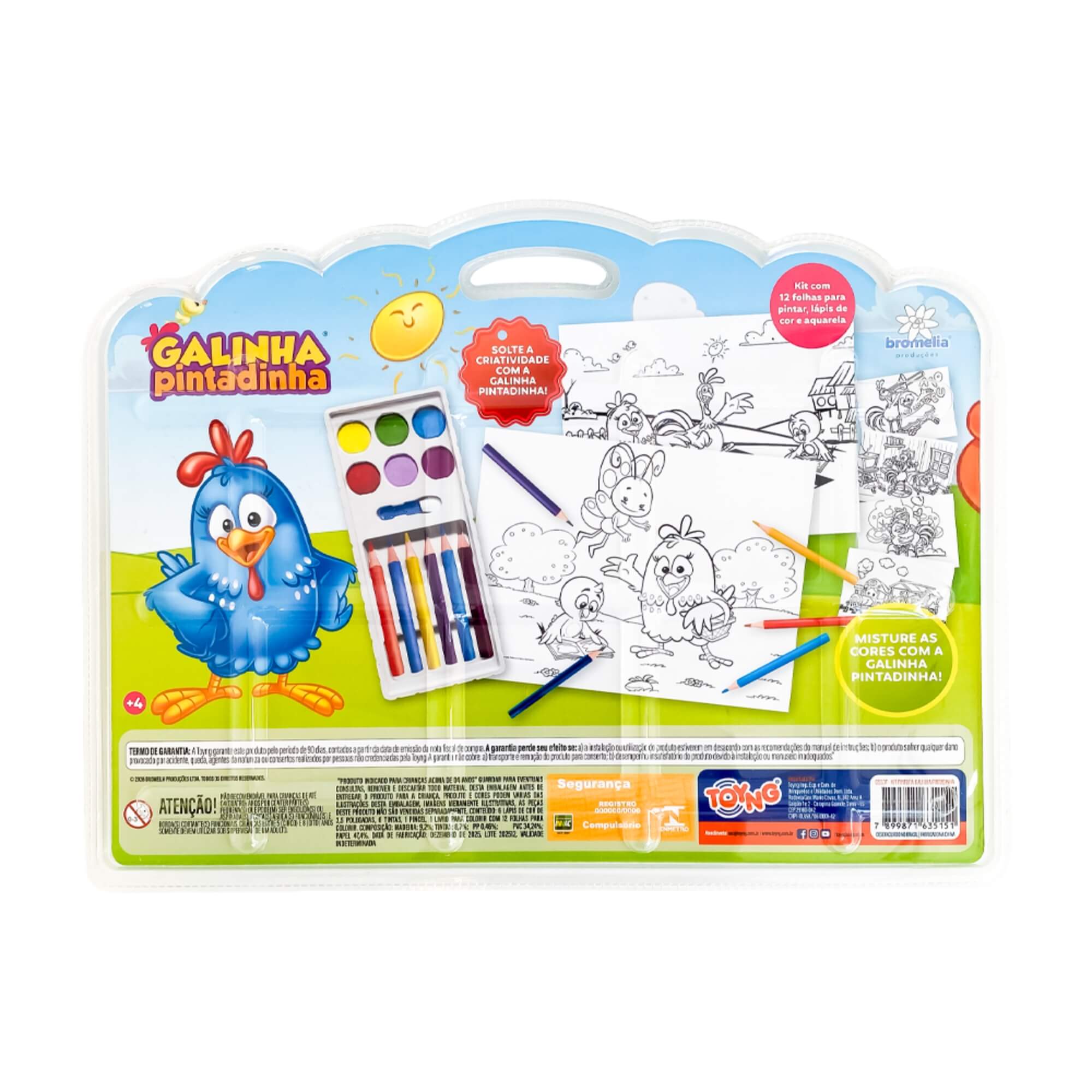 Kit de Pintura Galinha Pintadinha com 12 Folhas, Lápis e Aquarela Toyng - 065537