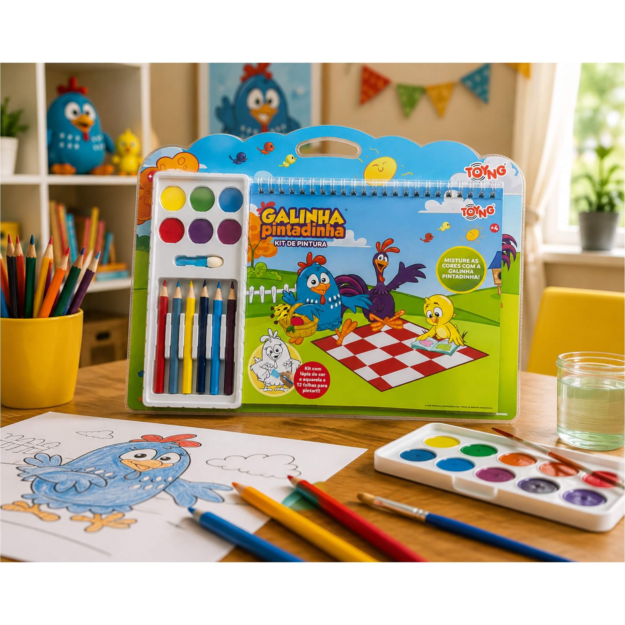 Kit de Pintura Galinha Pintadinha com 12 Folhas, Lápis e Aquarela Toyng - 065537