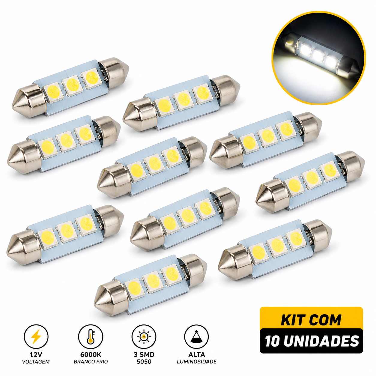 COMP Kit 10 Lâmpadas Iluminação Automotiva Tarponn LED SJ-5050-3SMD-41MM 12v 6000k