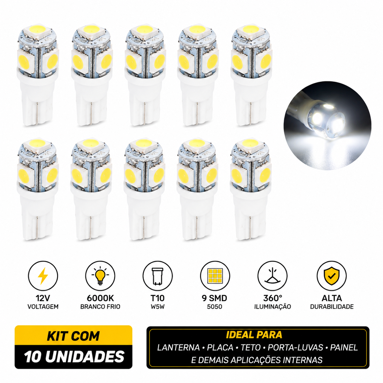 COMP kit 10 Lâmpadas Led Pingo T10-5050-9SMD 12V 6.000K Tarponn - TP-5302