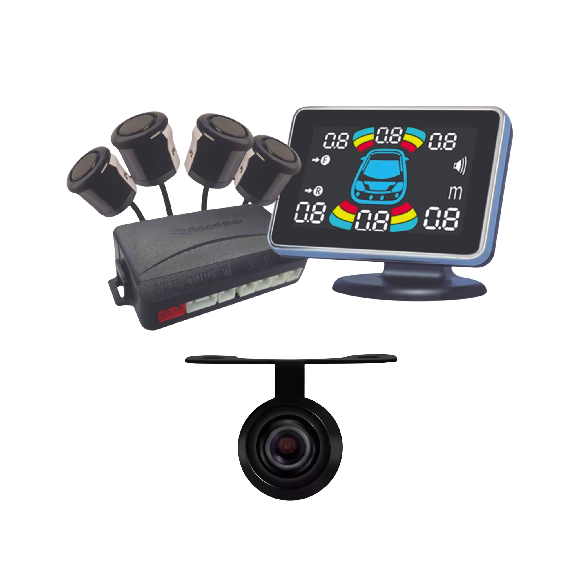COMP Kit Câmera de Ré Borboleta 12V e Sensor de Estacionamento Pro Line Roadstar