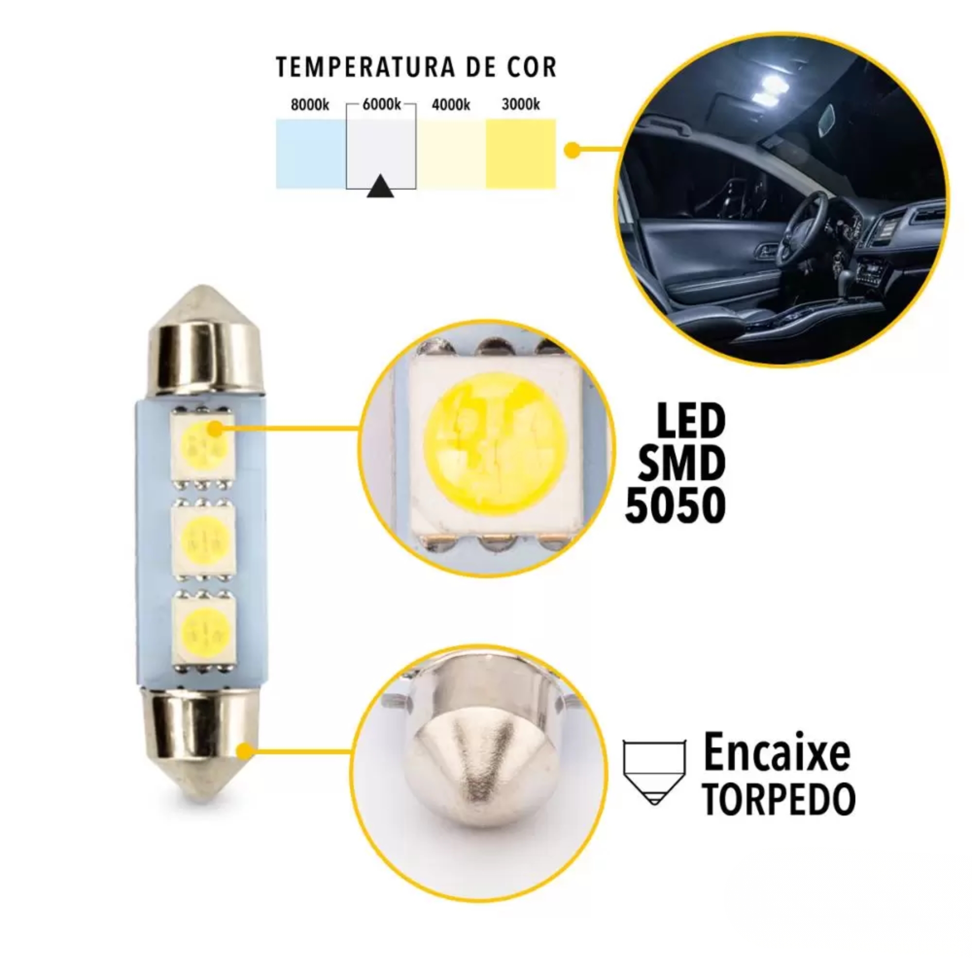COMP Kit 10x Lâmpada LED Torpedo SJ-5050-3SMD-39MM 12V 6.000K Tarponn - TP-5318