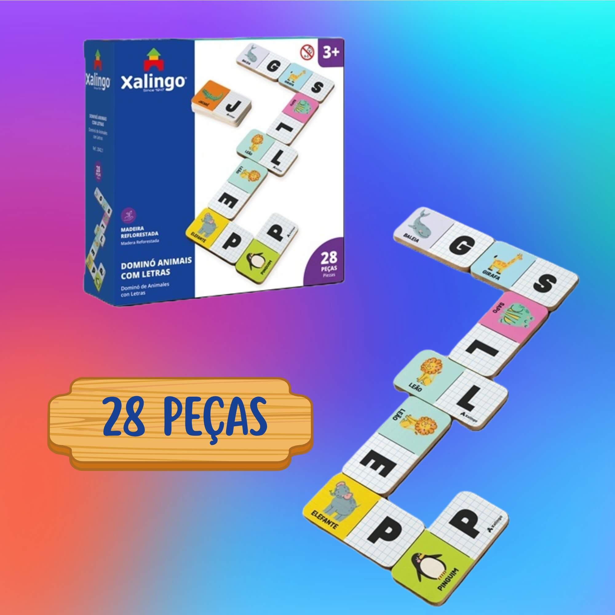 Jogo Infantil Dominó Animais com Letras 28 Peças Xalingo - 20421