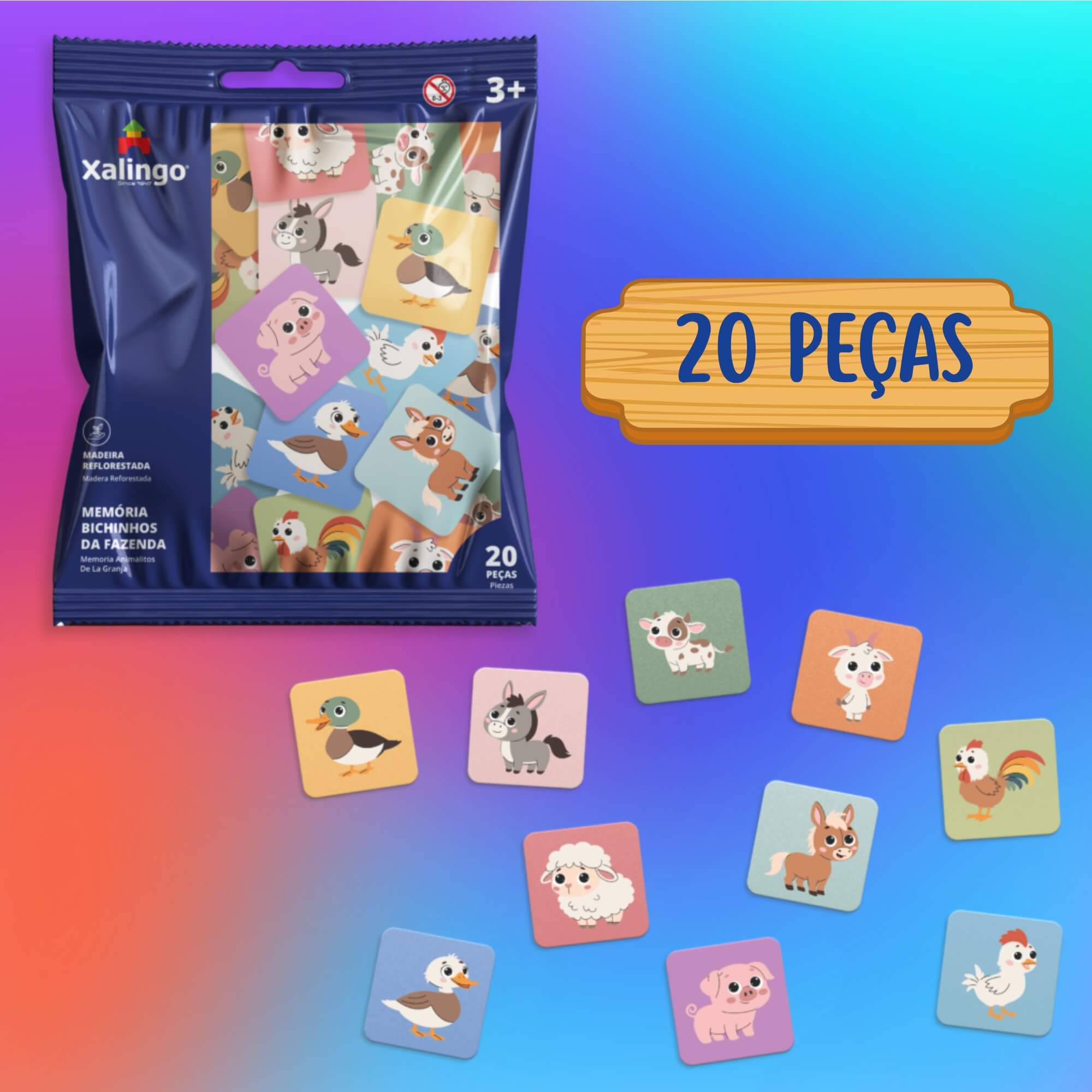 Jogo da Memória Bichinhos da Fazenda 20 Peças Xalingo - 20521