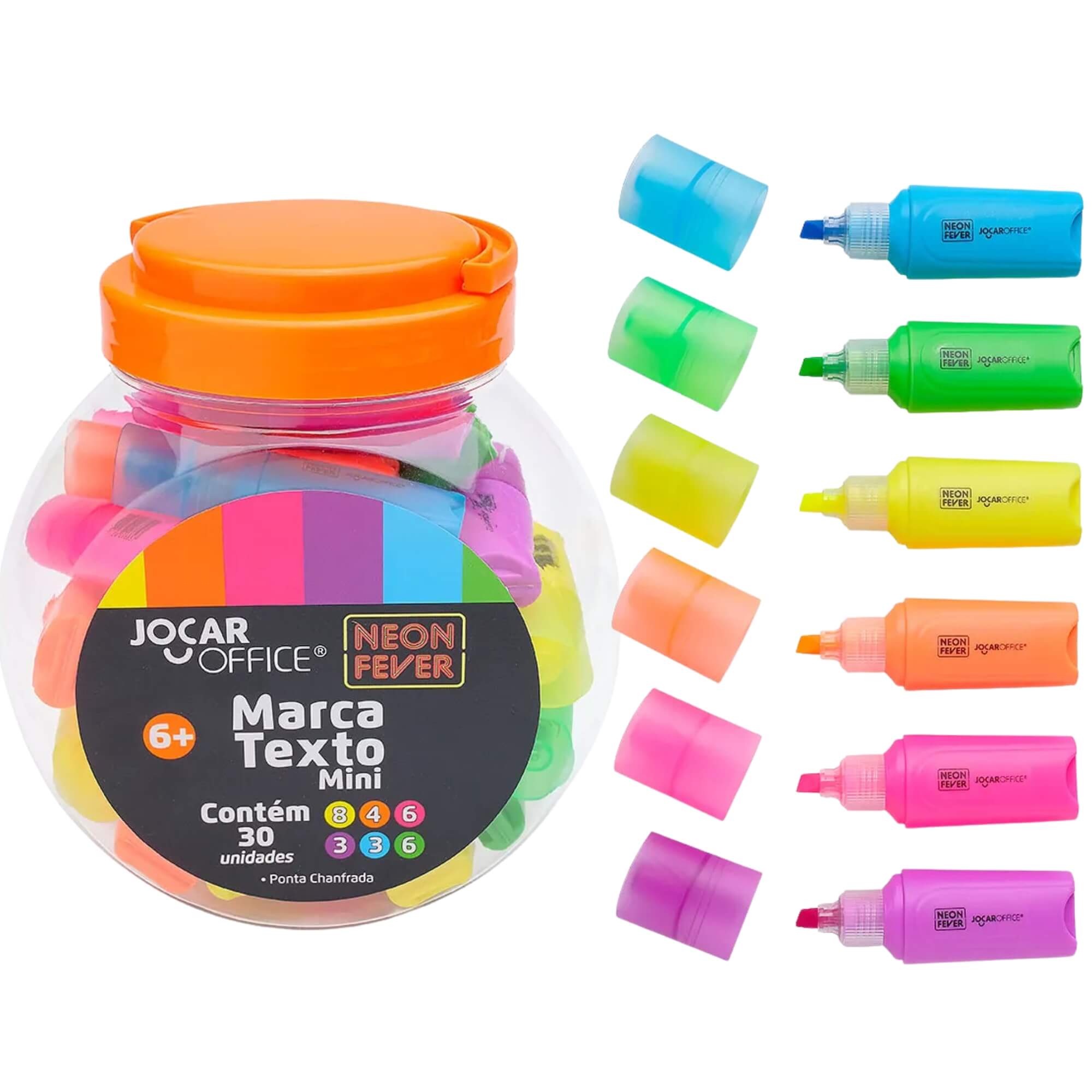 Marca Texto Mini Neon Fever Sortido Pote c/ 30 unidades Jocar Office Leonora - 10730