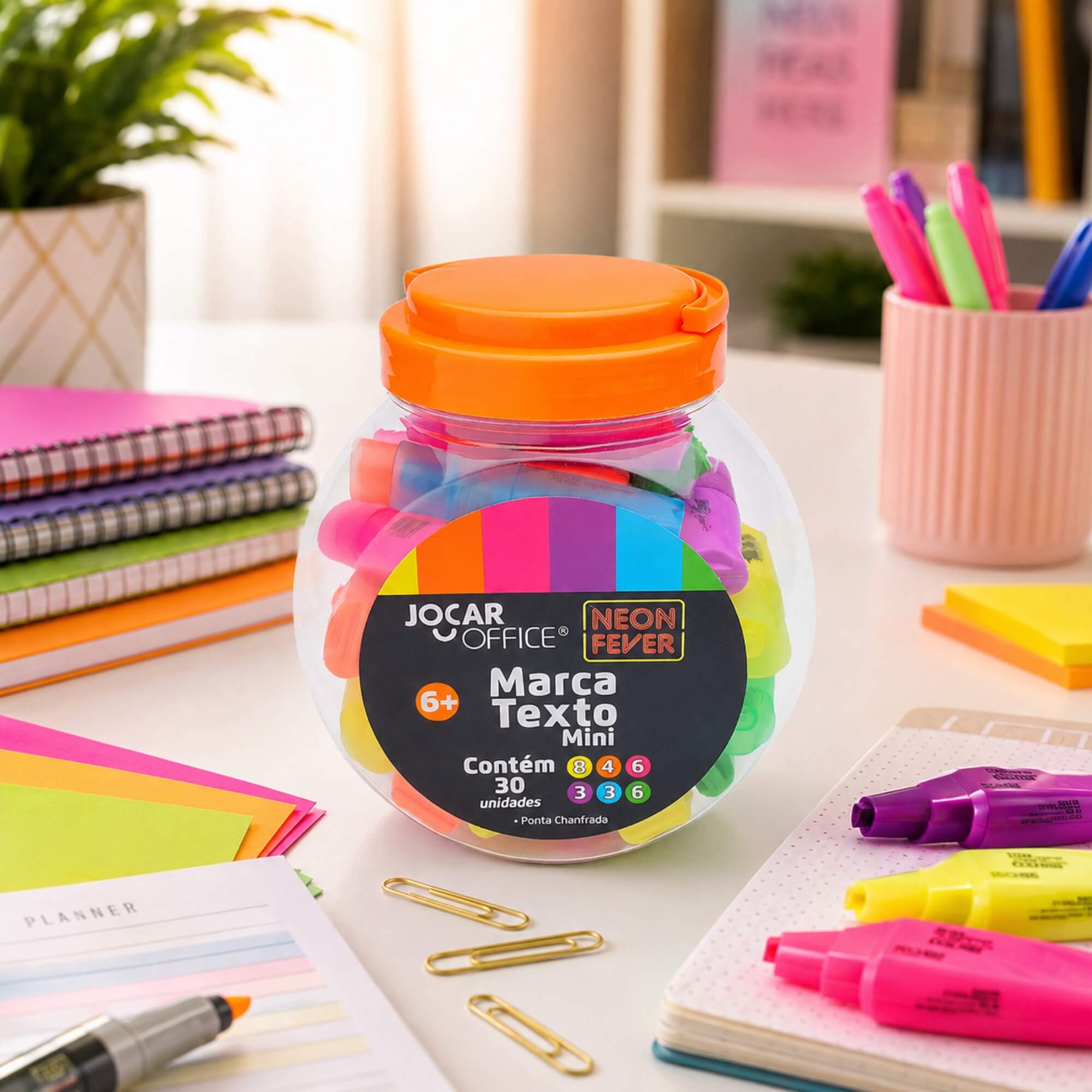 Marca Texto Mini Neon Fever Sortido Pote c/ 30 unidades Jocar Office Leonora - 10730