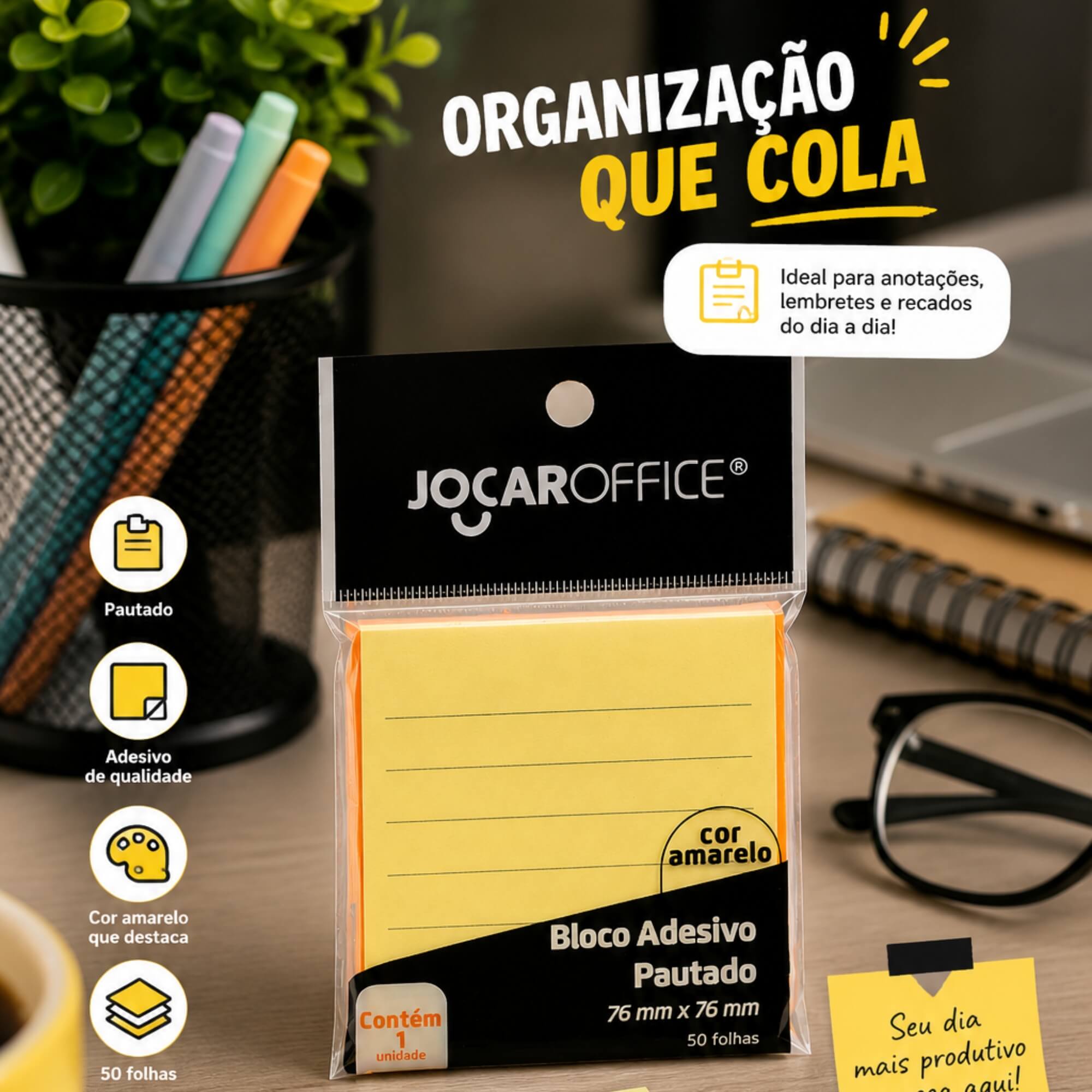 Bloco Adesivo Amarelo Pastel 76x76mm Pautado 50 Folhas Jocar Office Leonora - 10731