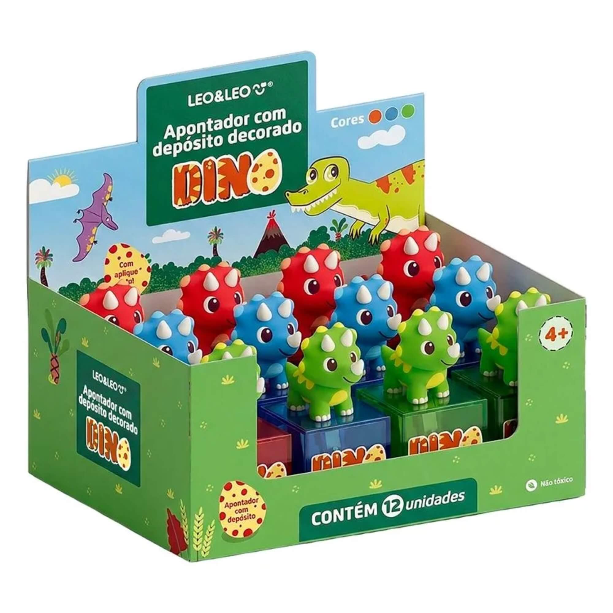 Apontador com Depósito Dino Decorado com Aplique Display 12 Unidades - Leonora 10732