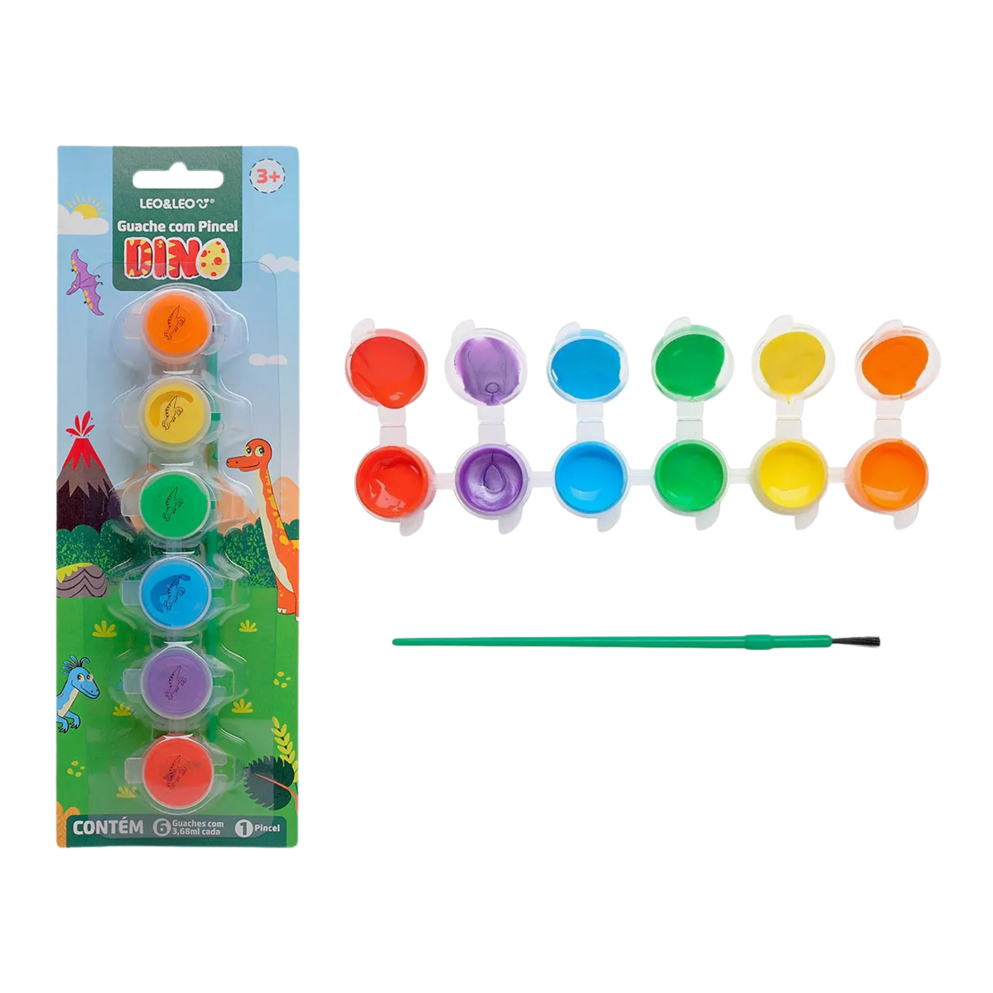 Tinta Guache Dino com Pincel 6 Cores 3,68 ml Blister Leo&Leo Leonora - 10759