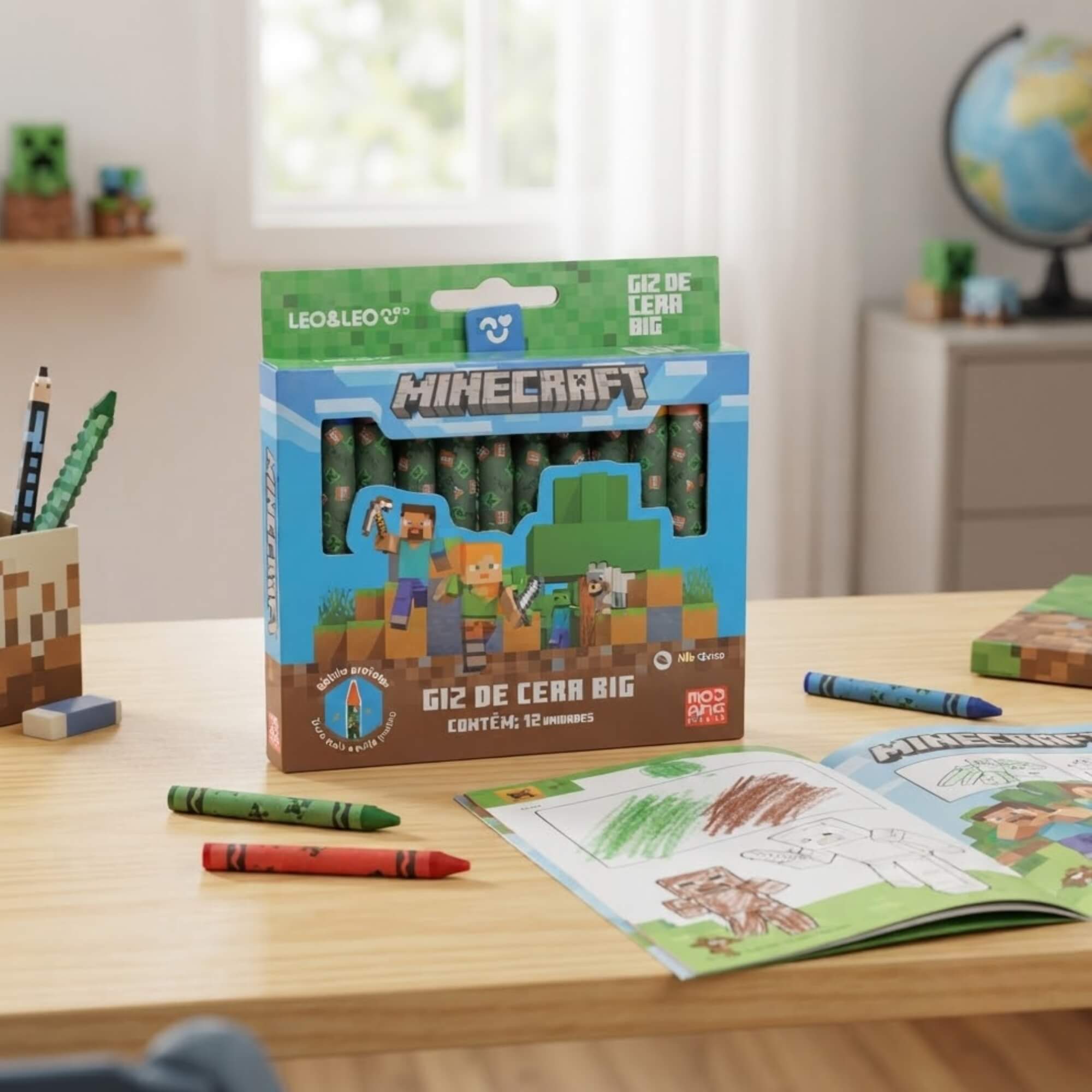 Giz de Cera Big Minecraft 12 Cores Pacote com 12 - Leonora 10795