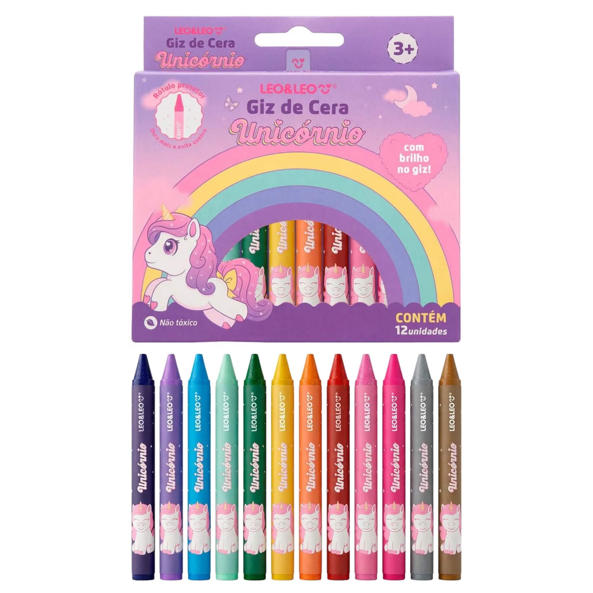 Giz de Cera Big Unicórnio com Brilho 12 Cores Pacote c/ 12un Leo&Leo Leonora - 10798