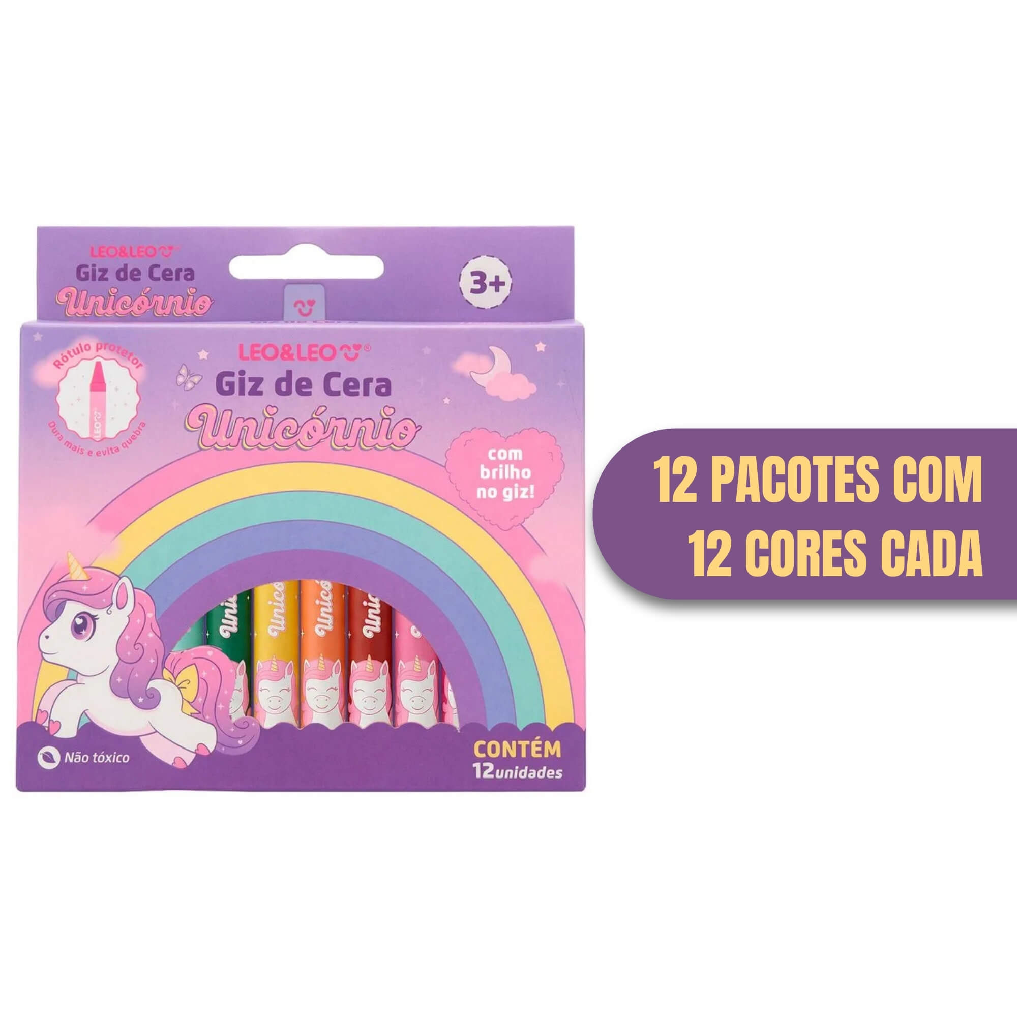 Giz de Cera Big Unicórnio com Brilho 12 Cores Pacote c/ 12un Leo&Leo Leonora - 10798