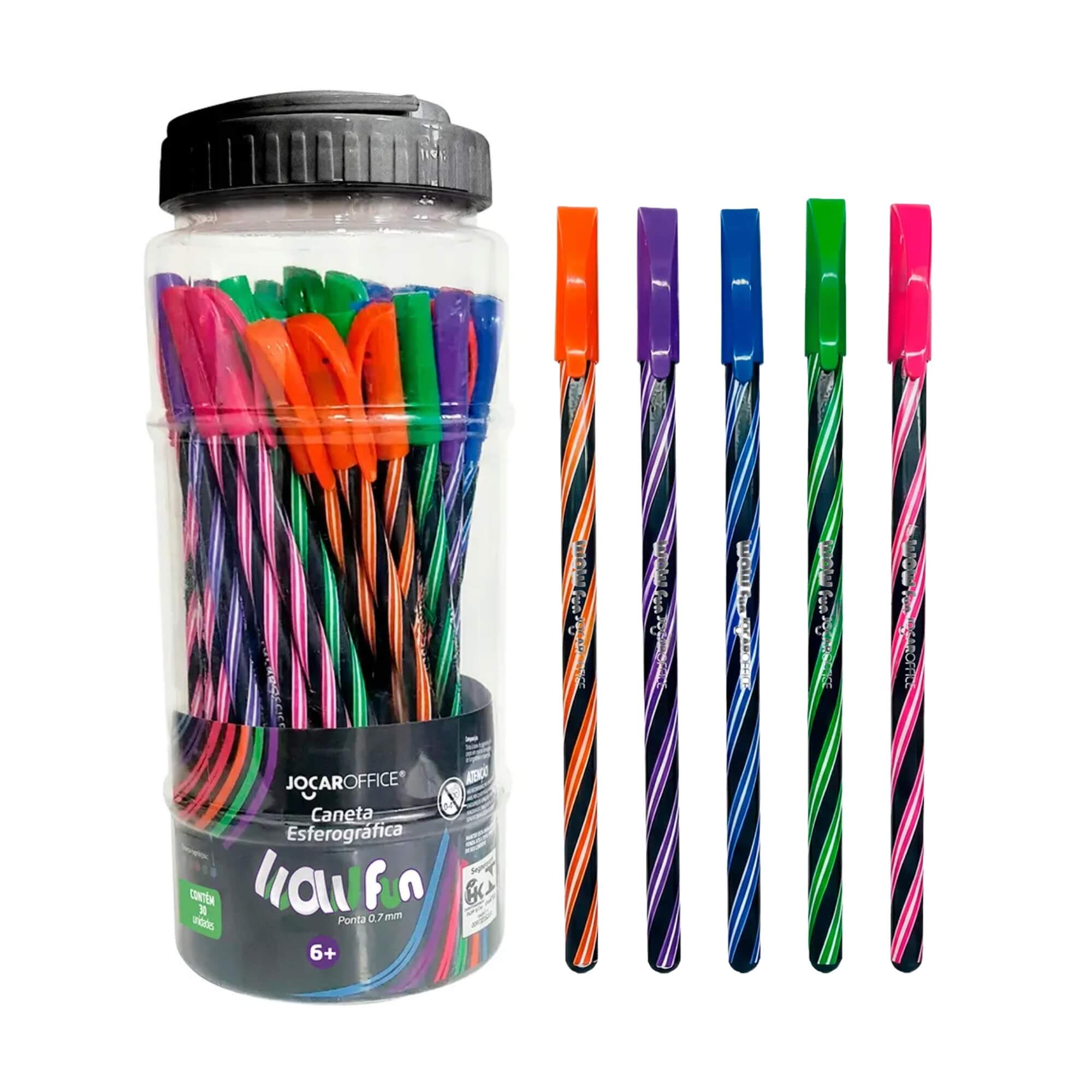 Caneta Wow Fun Colorida Corpo Preto Pote c/ 30 unidades Jocar Office Leonora - 10826