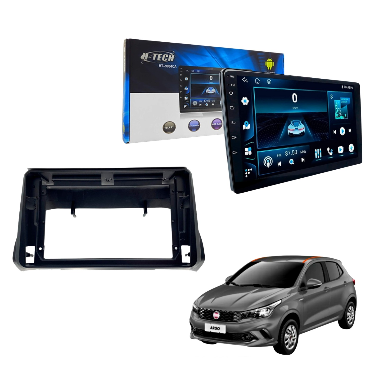 COMP Kit Multimídia H-Tech 9" Full Touch CarPlay e Android + Moldura 2 din 9" Fiat Argo 2018+ Preto