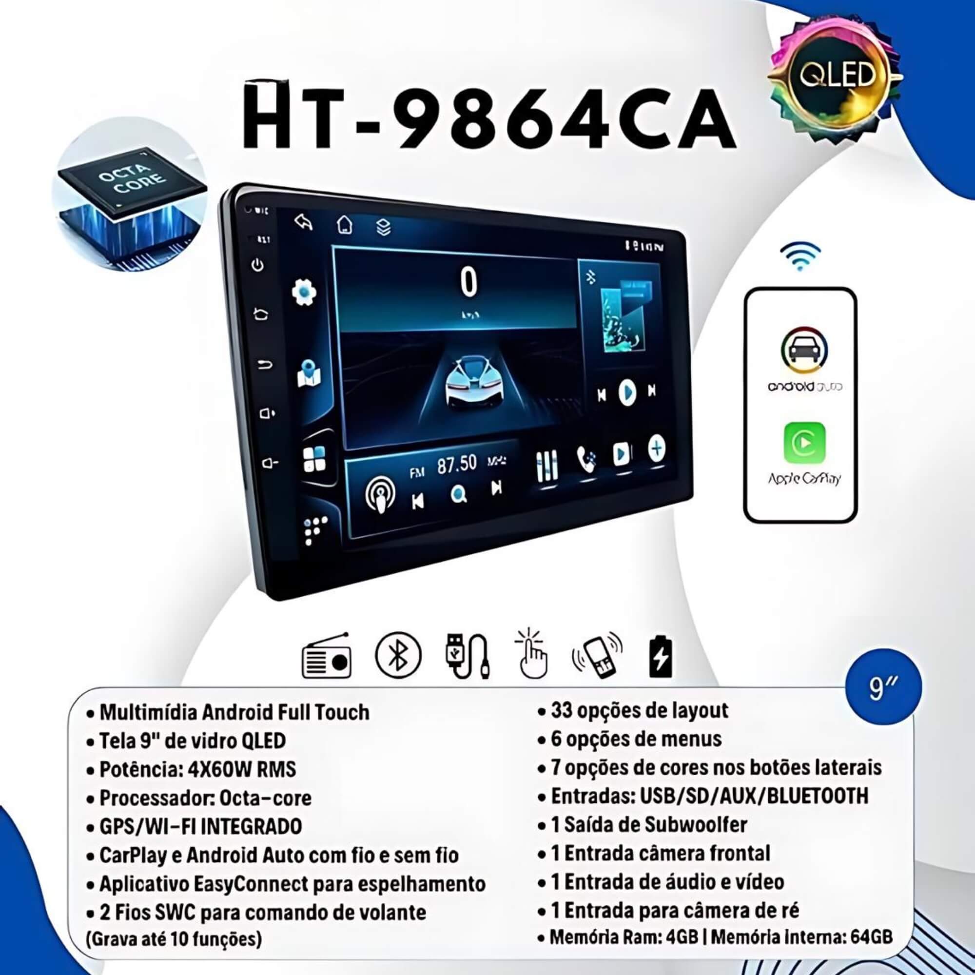 COMP Kit Multimídia H-Tech 9" Full Touch CarPlay e Android + Moldura 2 din 9" Fiat Argo 2018+ Preto