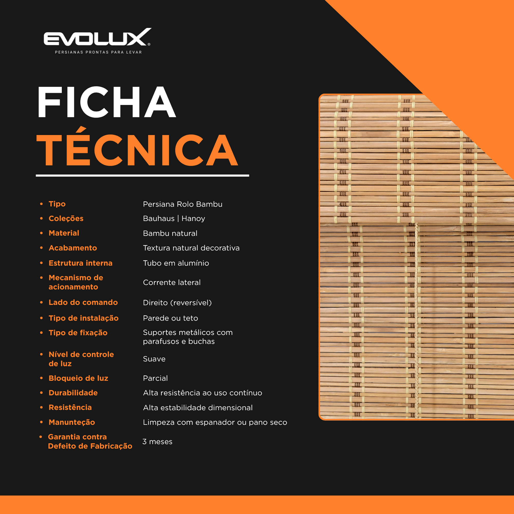 Persiana Rolo Bambu Bauhaus 160X160 Haya Instalação Fácil Casa e Escritório Evolux - N2303543