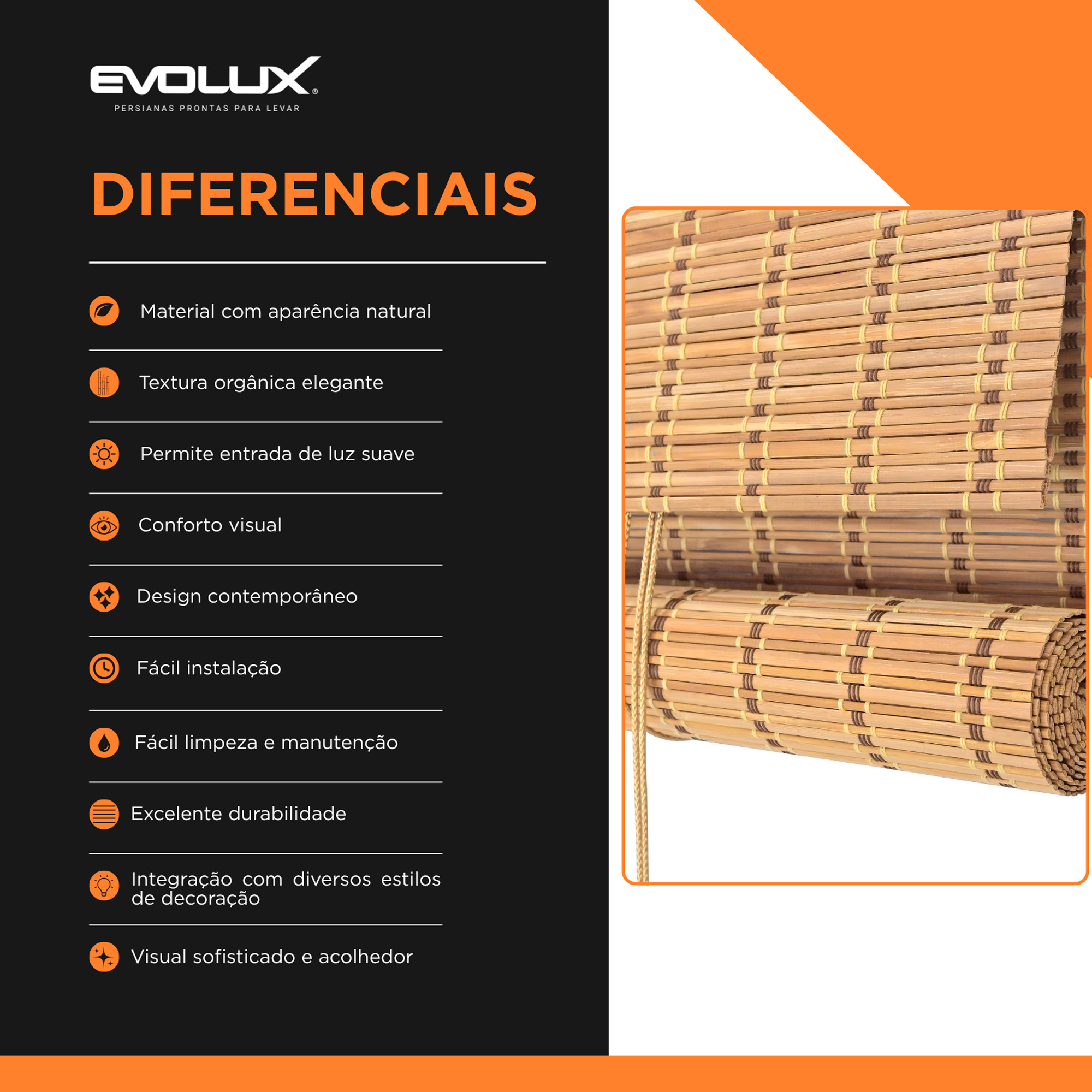 Persiana Rolo Bambu Bauhaus 160X160 Haya Instalação Fácil Casa e Escritório Evolux - N2303543