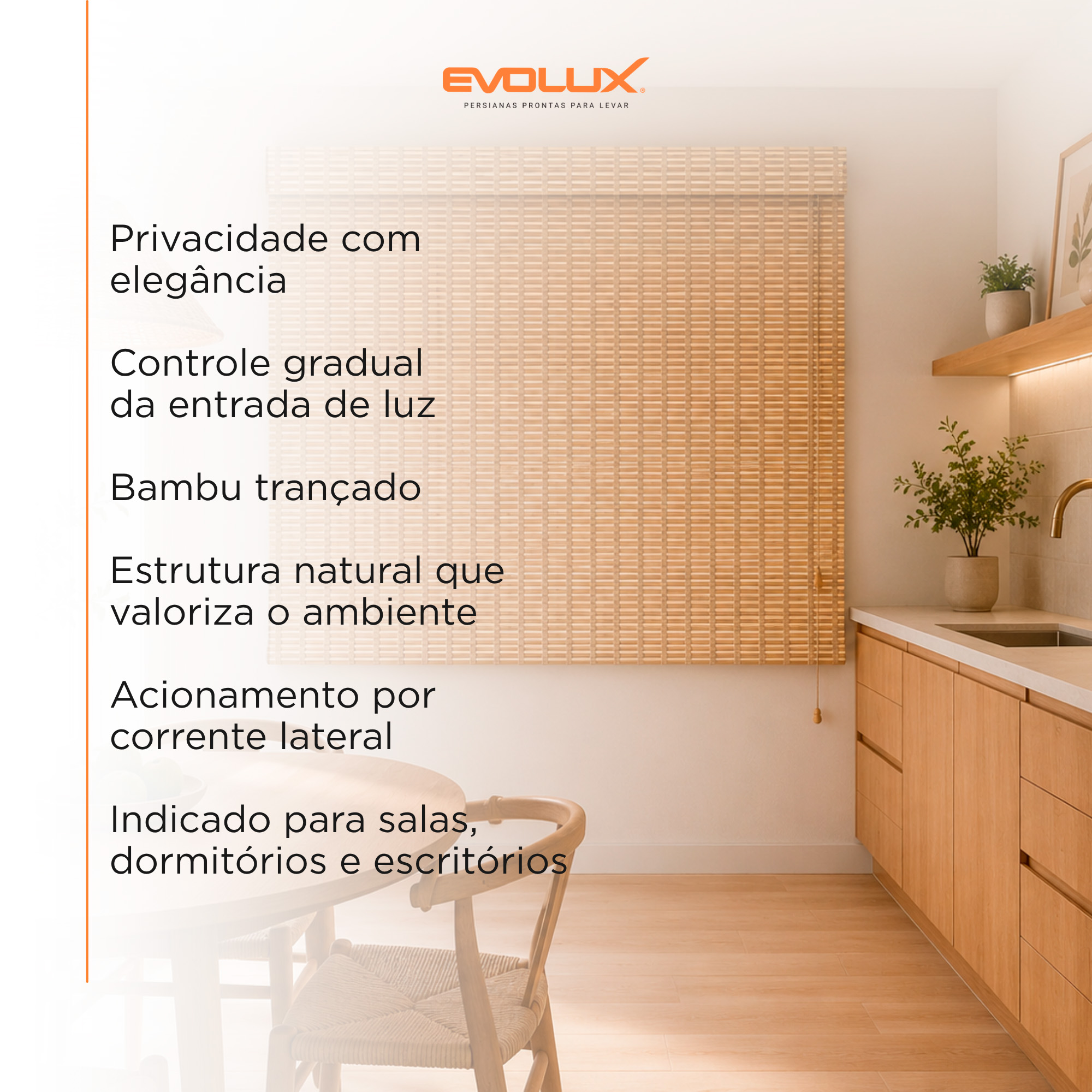 Persiana Rolo Bambu 160X160 Honey Mapple Instalação Fácil Casa e Escritório Evolux - N2303538
