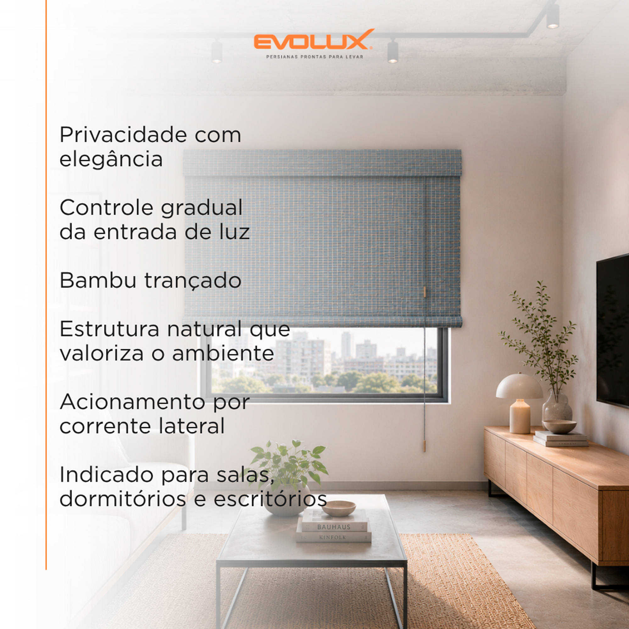 Persiana Rolo Bambu Bauhaus 140X160 Concret Instalação Fácil Casa e Escritório Evolux - DBE02969