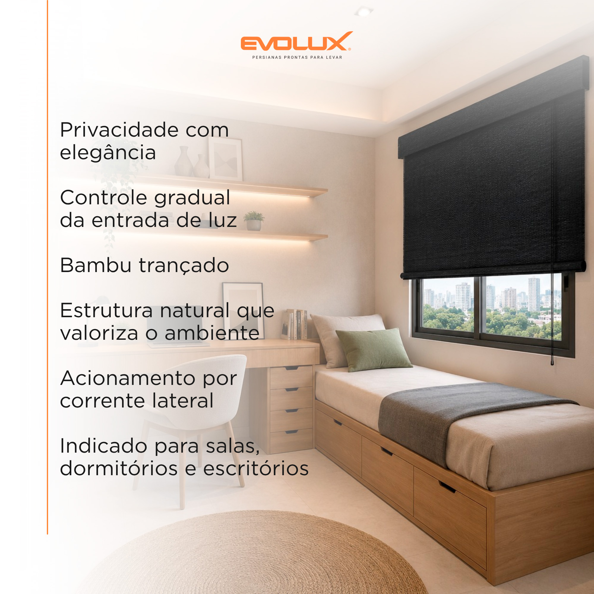 Persiana Rolo Bambu Bauhaus 140X160 Ébano Instalação Fácil Casa e Escritório Evolux - DBE02971