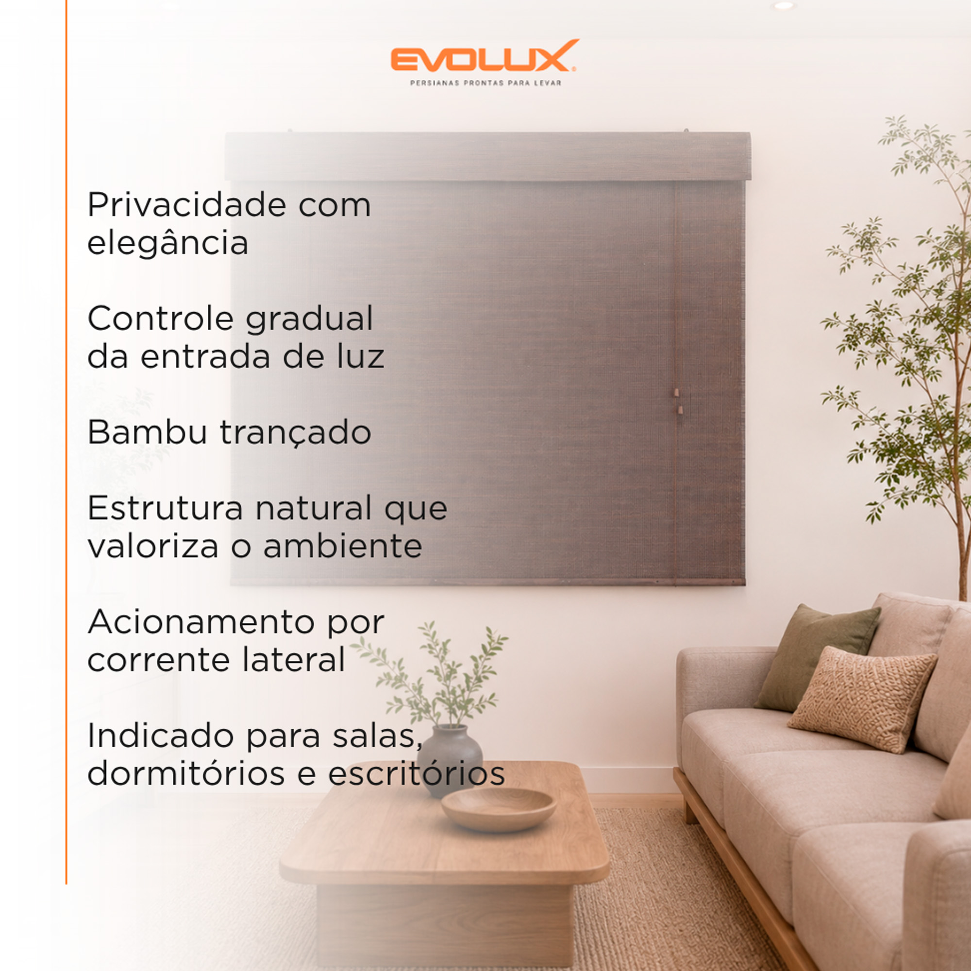 Persiana Rolo Bambu Bauhaus 140X160 Nogueira Instalação Fácil Casa e Escritório Evolux - DBE02967