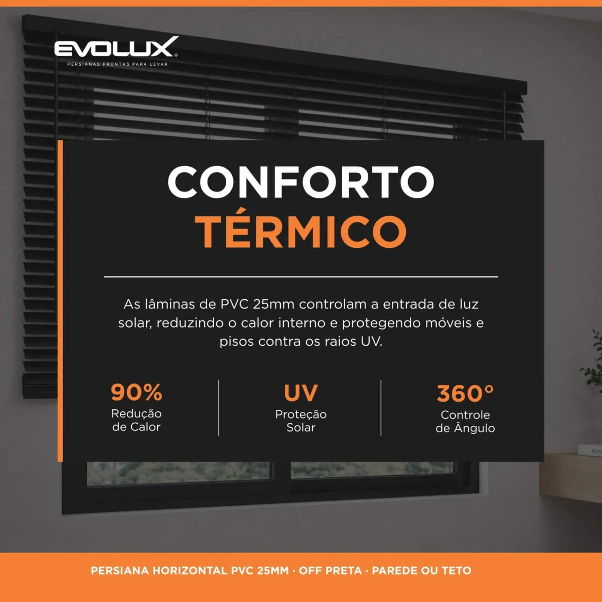 Persiana Horizontal Off PVC 25mm 120x130 cor Preta Conthey Evolux - D148033CON
