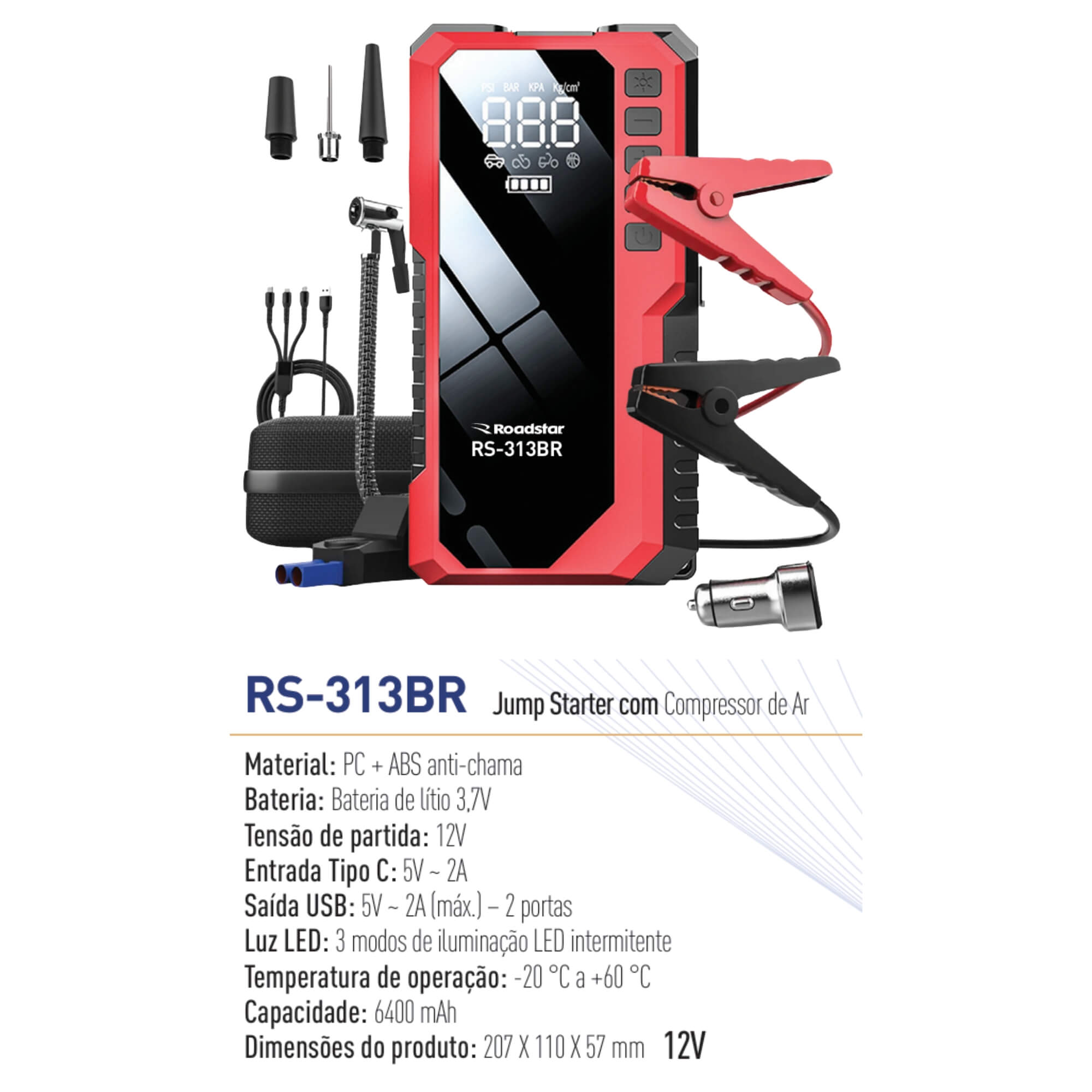 Jump Starter com Compressor de Ar 12V Roadstar - RS313BR MI