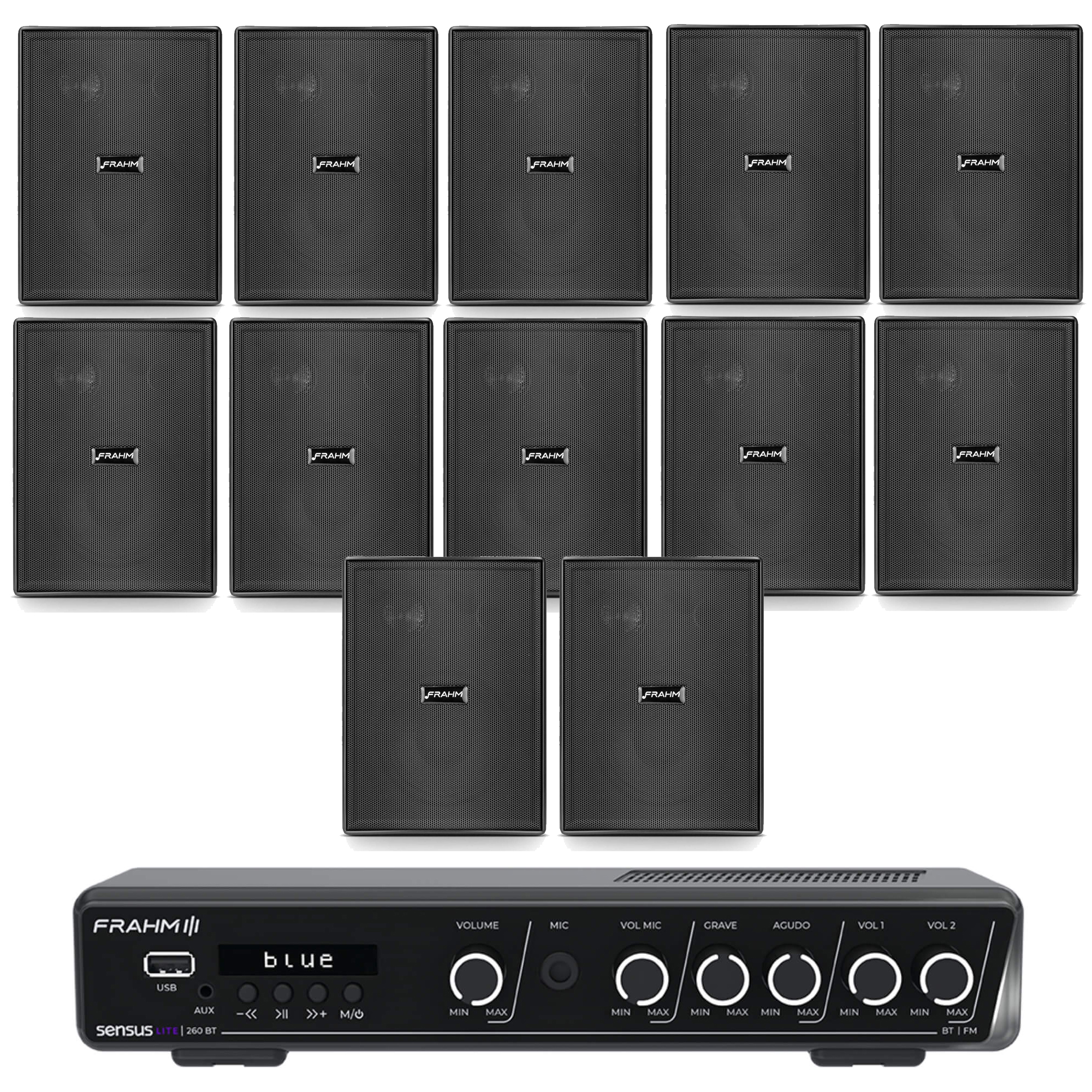 COMP Kit Amplificador Sensus Lite 260 + 12 caixas Frahm PS 200 Preta