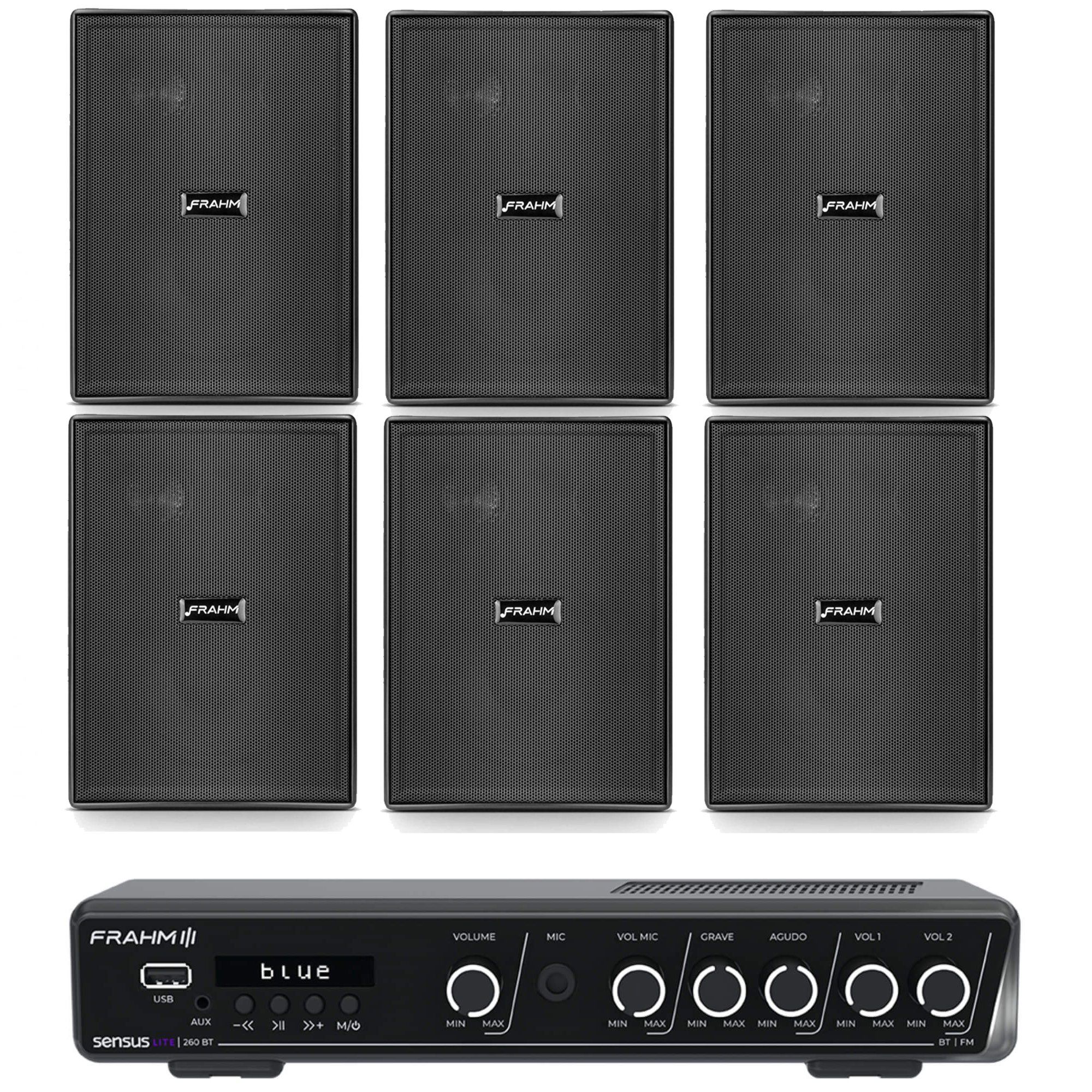 COMP Kit Amplificador Frahm Sensus 260 60W Bluetooth 5.0 + 6 Caixas PS 200 Preta