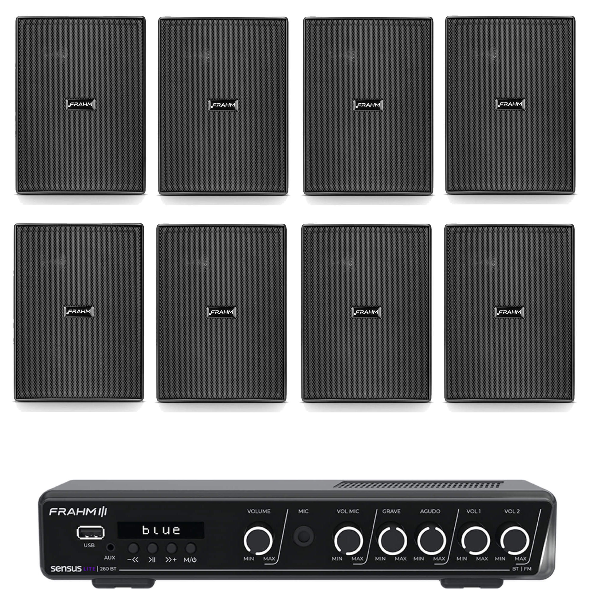 COMP Kit Som Ambiente Frahm Sensus 260 + 8 Caixas de Som PS200 New Preta