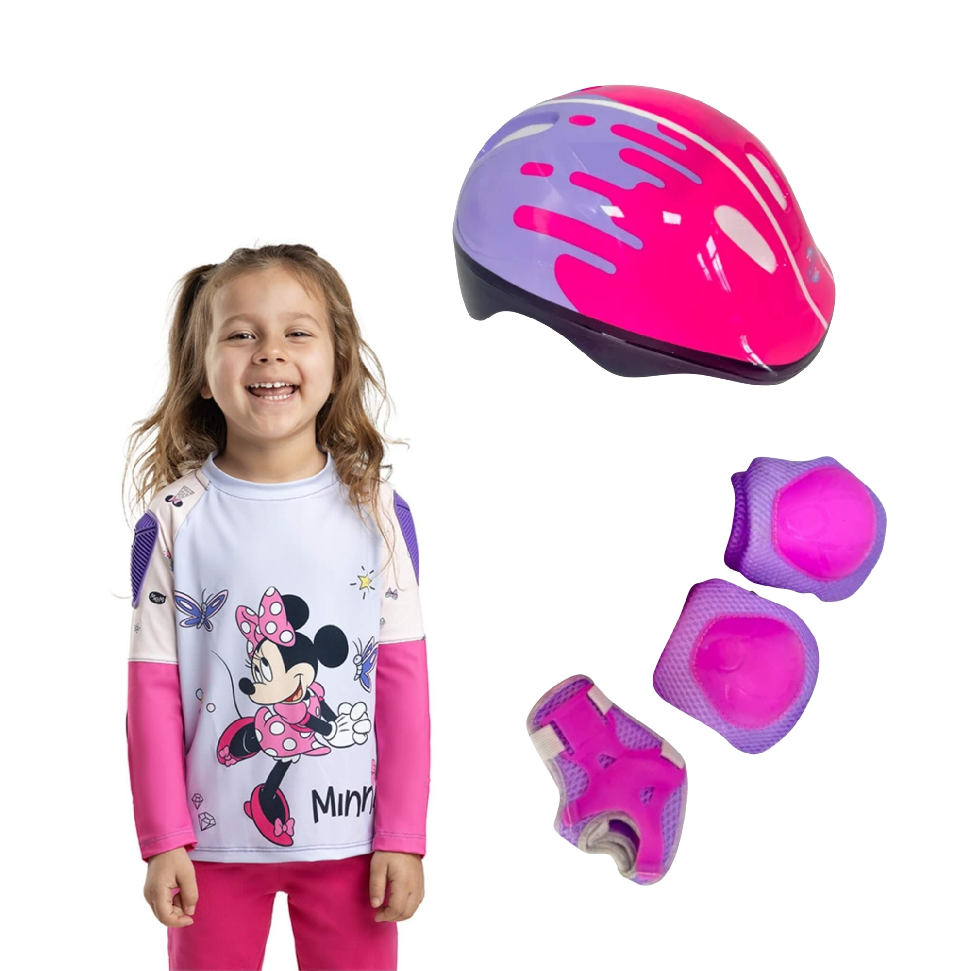 COMP Kit Proteção Menina Para Patins Bicicleta + Camisa proteção UV TM 6 Segurança Rosa e Lilás