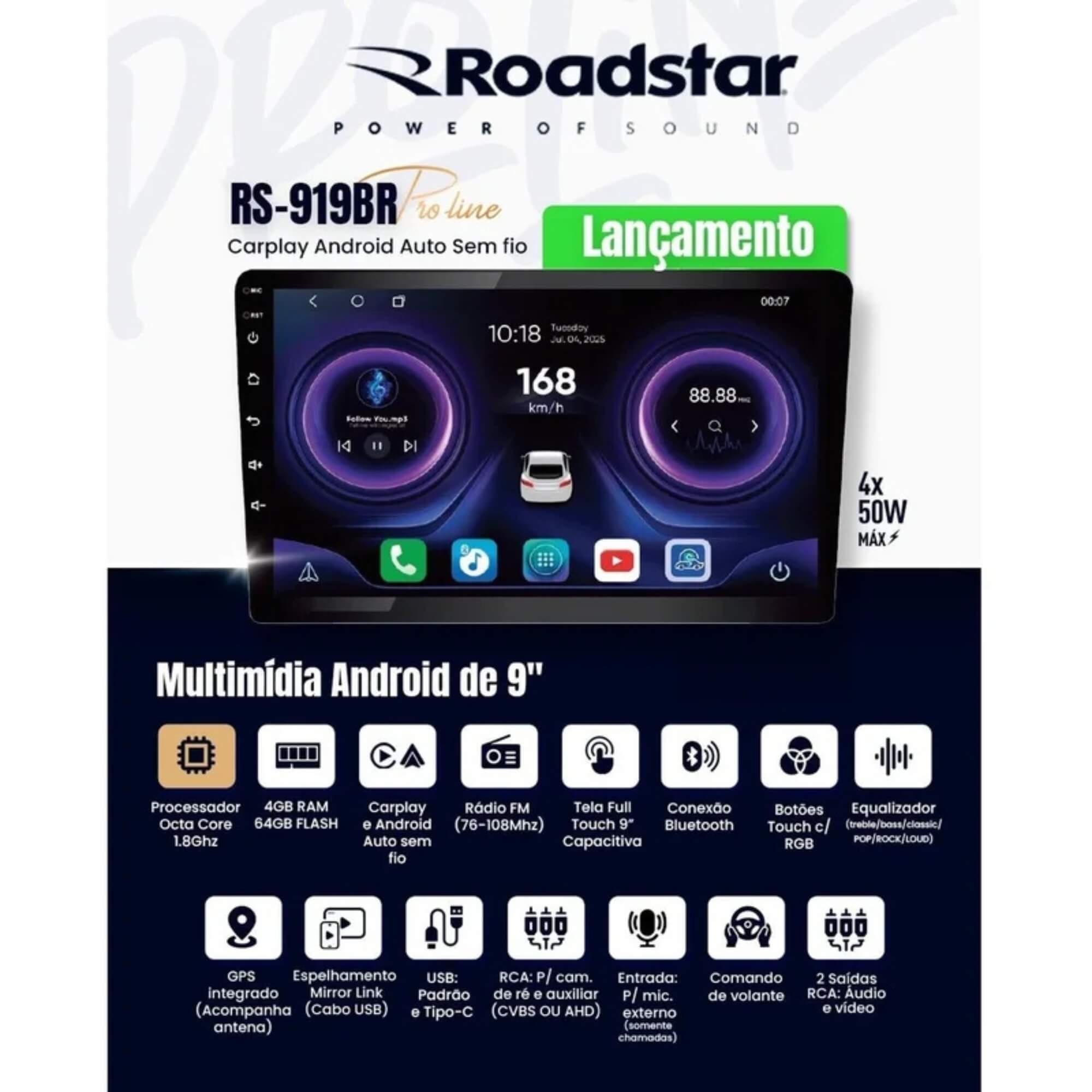 COMP Kit Multimidia Creta Pcd 2026 9p Octacore 4gb 64gb Carplay Roadstar + Câmera de ré HD + Canbus