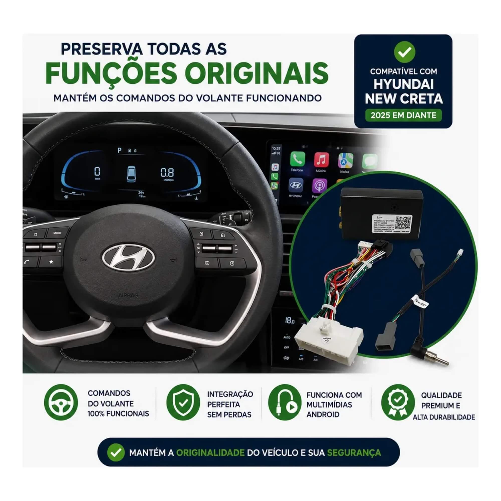 COMP Kit Multimidia Creta Pcd 2026 9p QuadCore 2gb 32gb Carplay Roadstar + Câmera de ré HD + Canbus