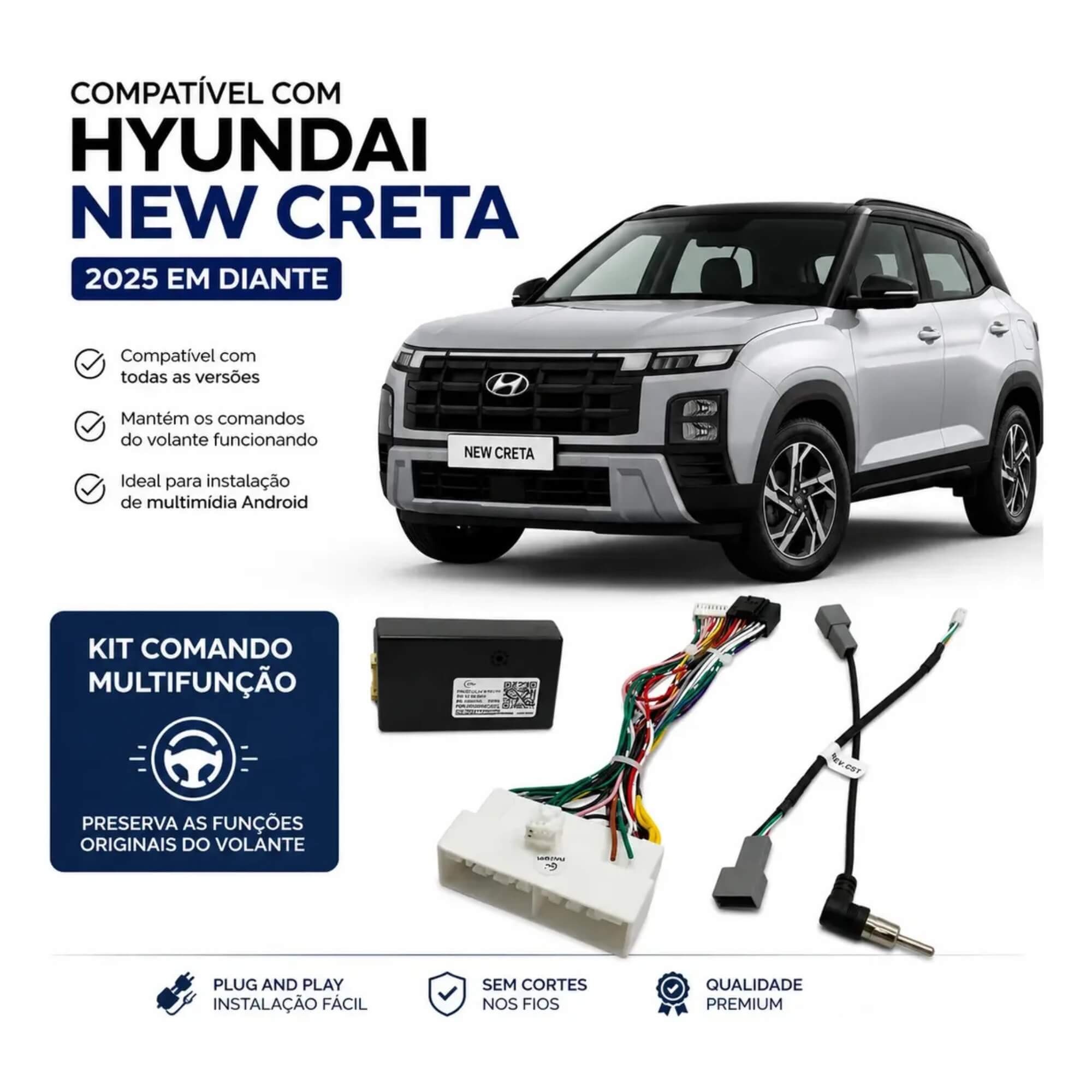 COMP Kit Multimidia Creta Pcd 2026 9p QuadCore 2gb 32gb Carplay Roadstar + Câmera de ré HD + Canbus
