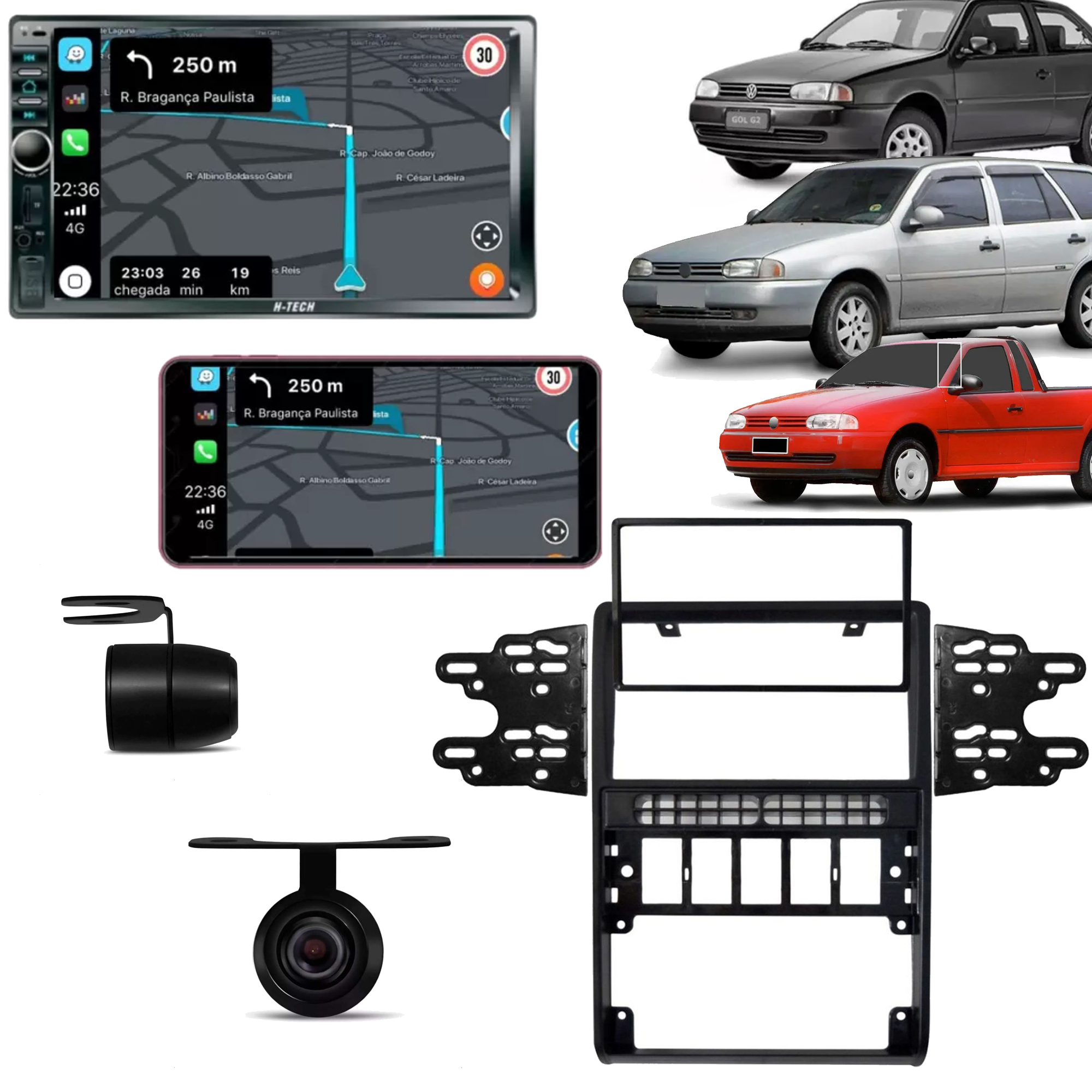 COMP Kit Central Multimidia Espelha Cam Moldura Gol G2 Bolinha Parati Saveiro 1995 a 2005