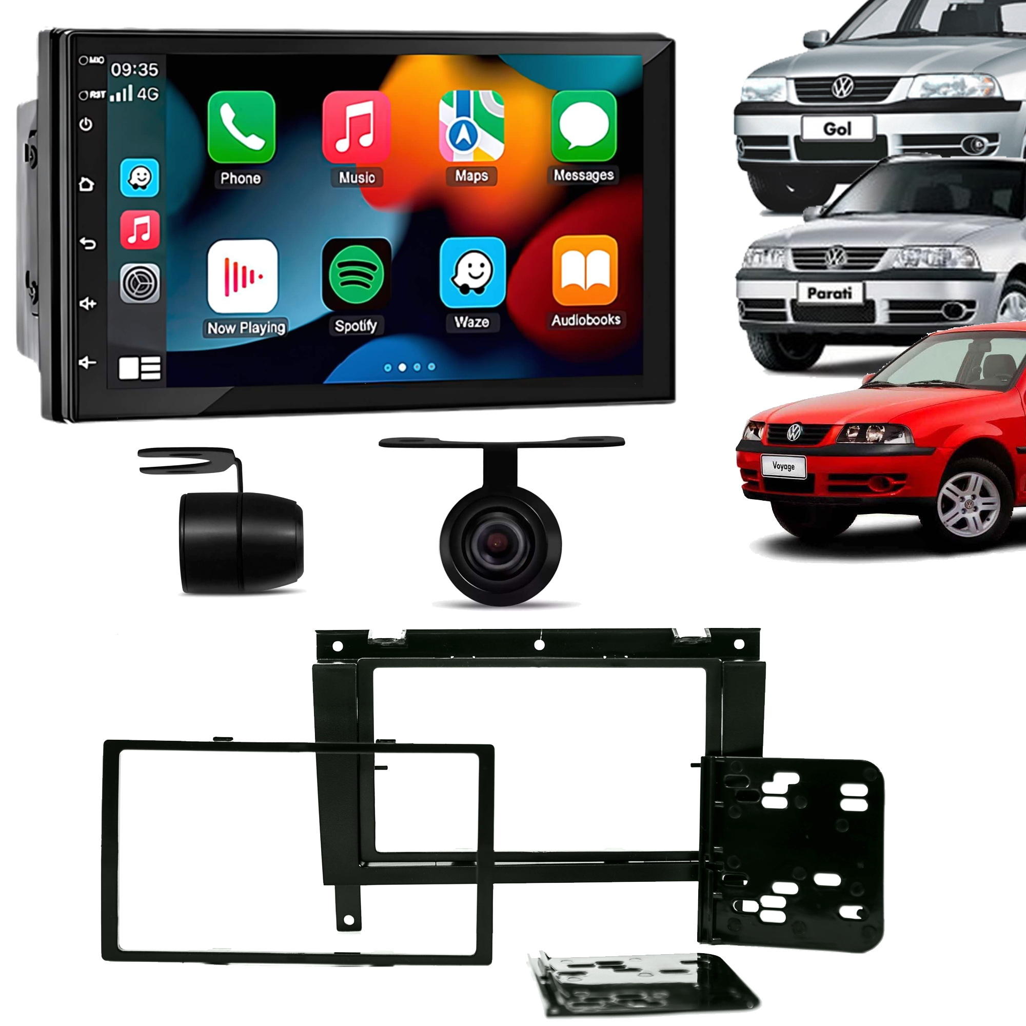 COMP Kit Multimidia Android Auto Carplay Parati Saveiro Gol G3 Preto + Câmera de ré H-Tech