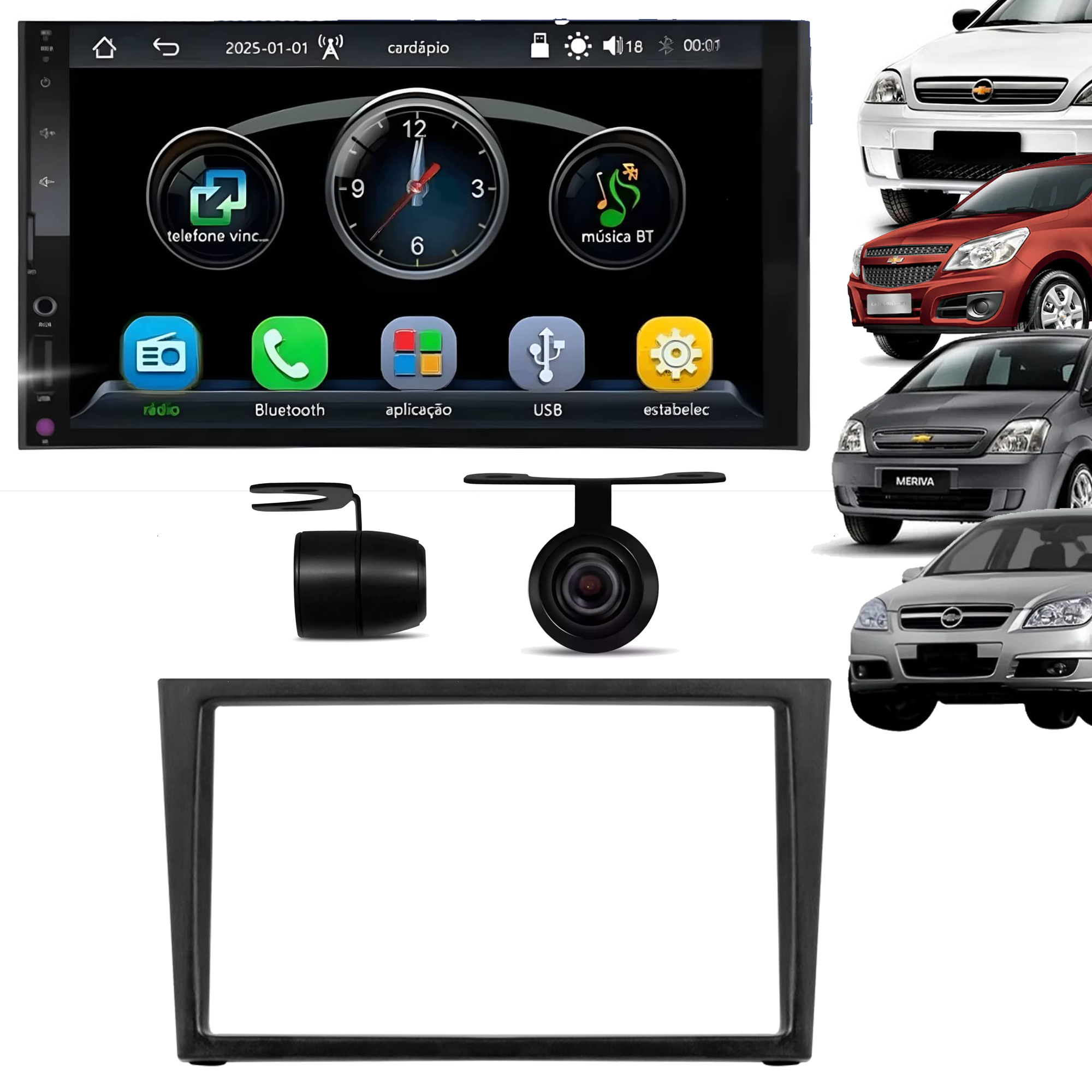 COMP Kit Multimídia 7" Vectra Corsa Montana Meriva 2005 A 2011 Preta Carplay E Android Auto + Câmera de ré  - RS7007BR