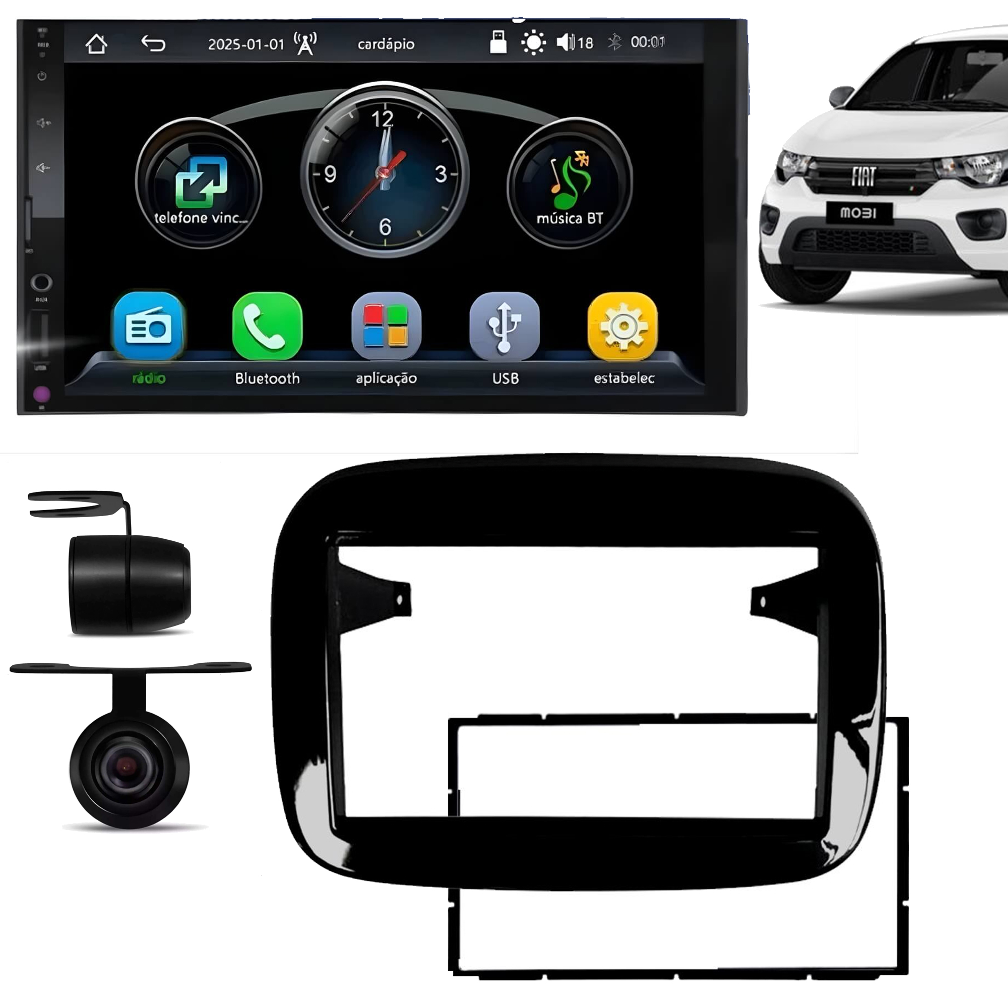 COMP Kit Multimídia 7" Fiat Mobi Black Piano 2017 a 2025 Carplay E Android Auto + Câmera de ré - RS7007BR
