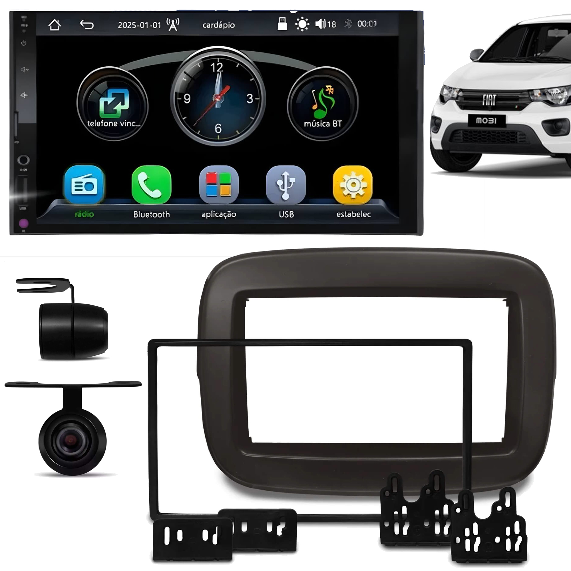 COMP Kit Multimídia 7" Fiat Mobi Marrom 2017 a 2025 Carplay E Android Auto + Câmera de ré - RS7007BR