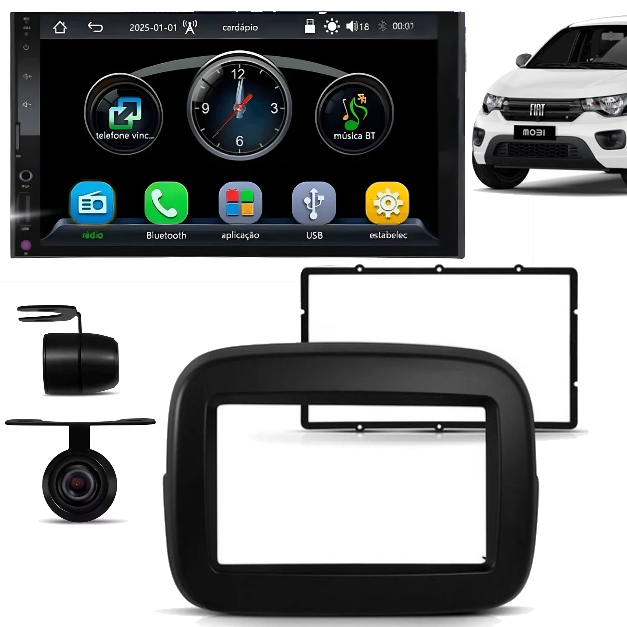 COMP Kit Multimídia 7" Fiat Mobi Preto 2017 a 2025 Carplay E Android Auto + Câmera de ré - RS7007BR