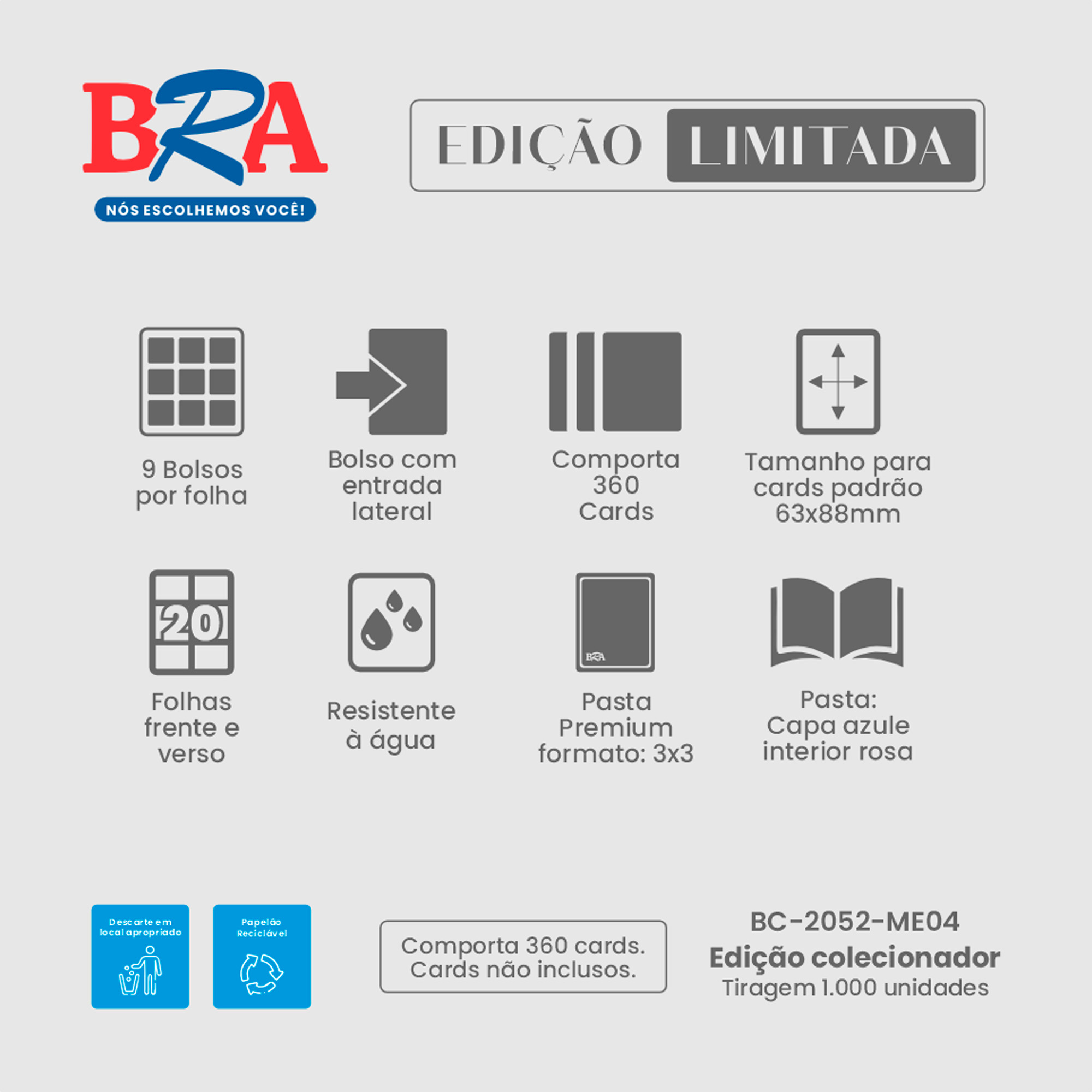 Pasta Premium para Cards TCG 3x3 Azul e Rosa 360 Cartas BRA - BC-2052-ME04