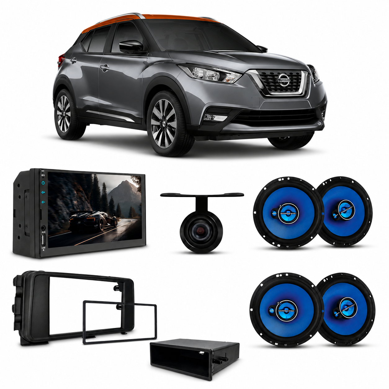COMP Kit Multimídia Nissan Kicks 2016/2020 H-Tech HT-3000 + 4 Falantes Hurricane 6" 50W RMS Cada