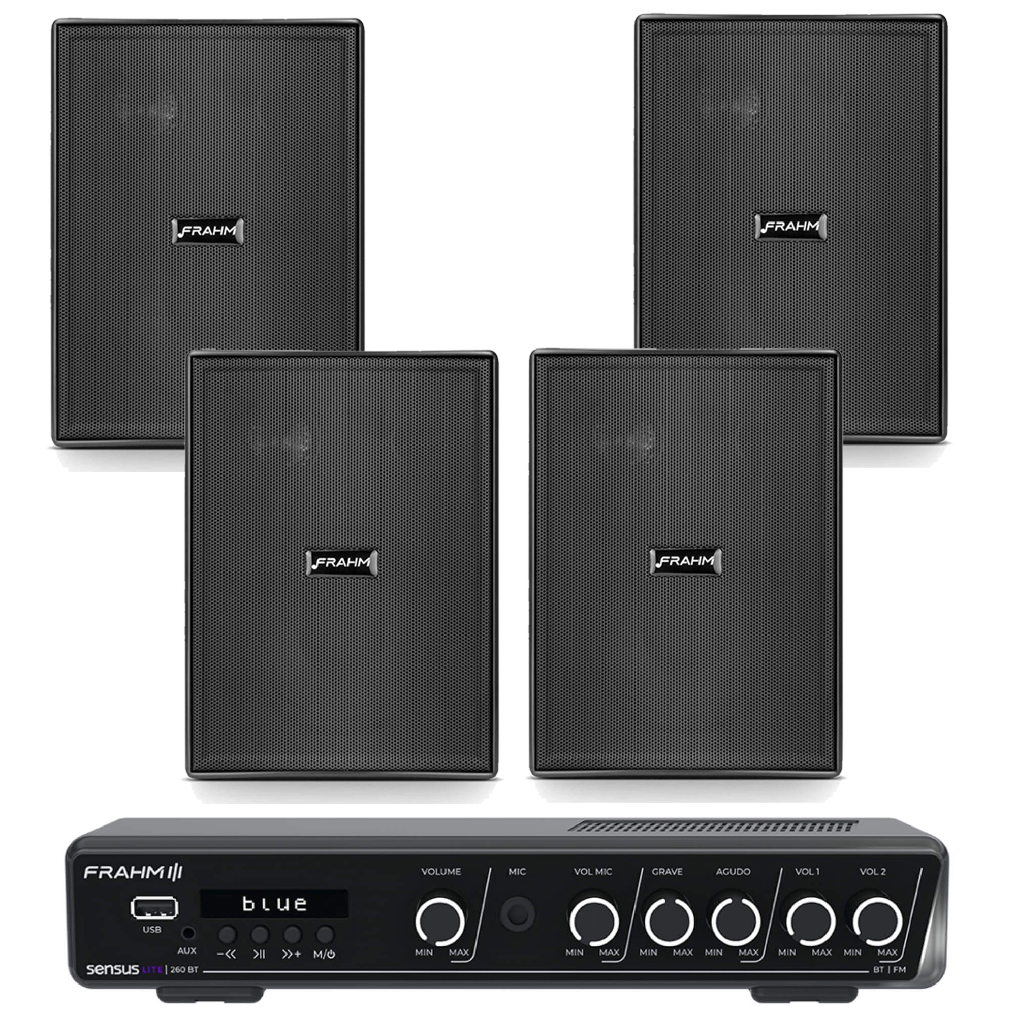 Kit Amplificador Frahm Sensus 260 60W Bluetooth 5.0 + 4 Caixas PS 200 Preta