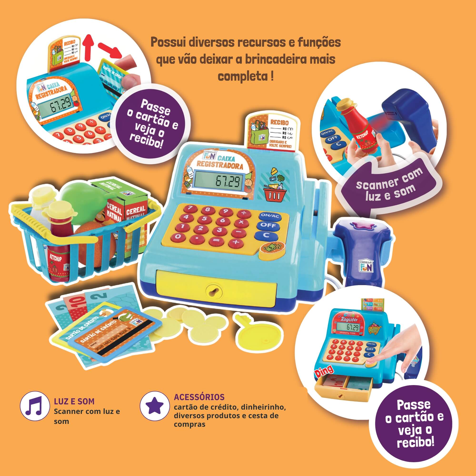 Brinquedo Caixa Registradora Creative Fun Azul Infantil c/ Cesta e Acessórios BR386 Multilaser