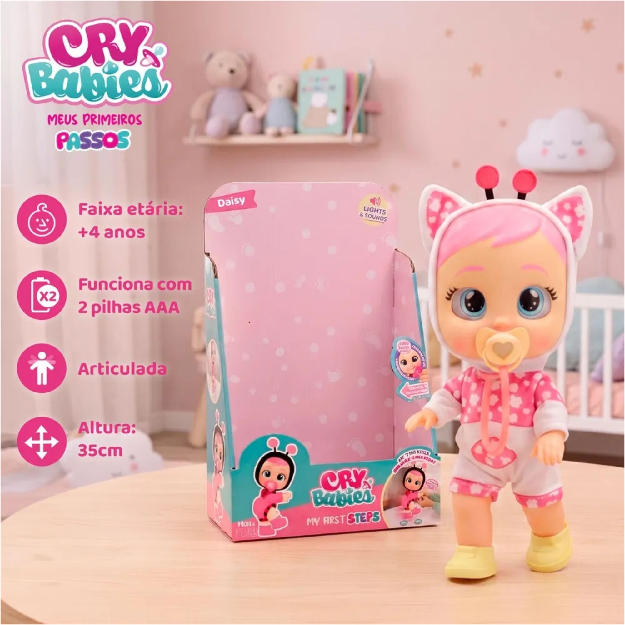 Boneca Cry Babies Daisy Anda de Verdade, Interativa com Som e Lágrimas Reais Multikids - BR2798