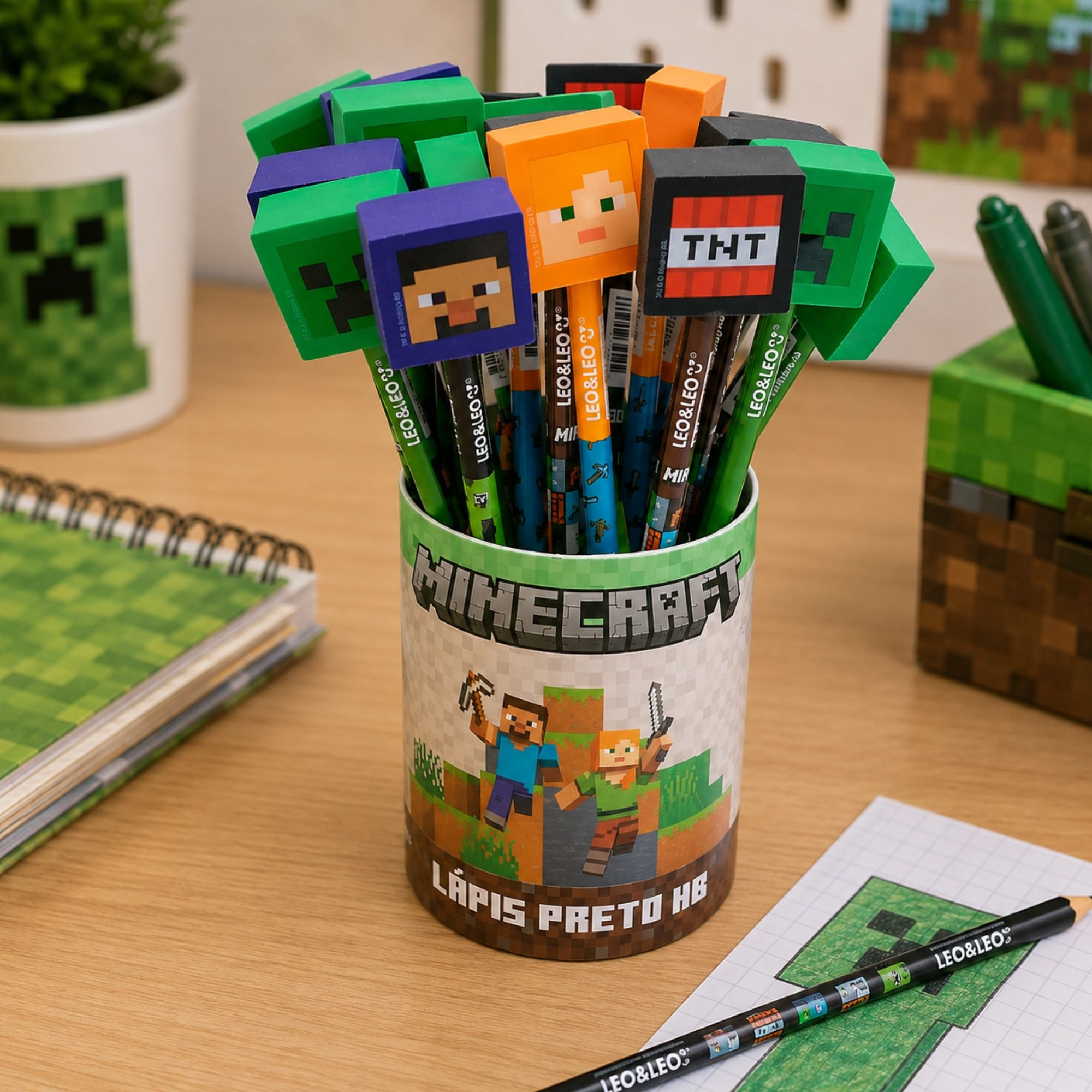 Lápis HB com Borracha Minecraft Pote c/ 30 unidades Leo&Leo Leonora - 10671