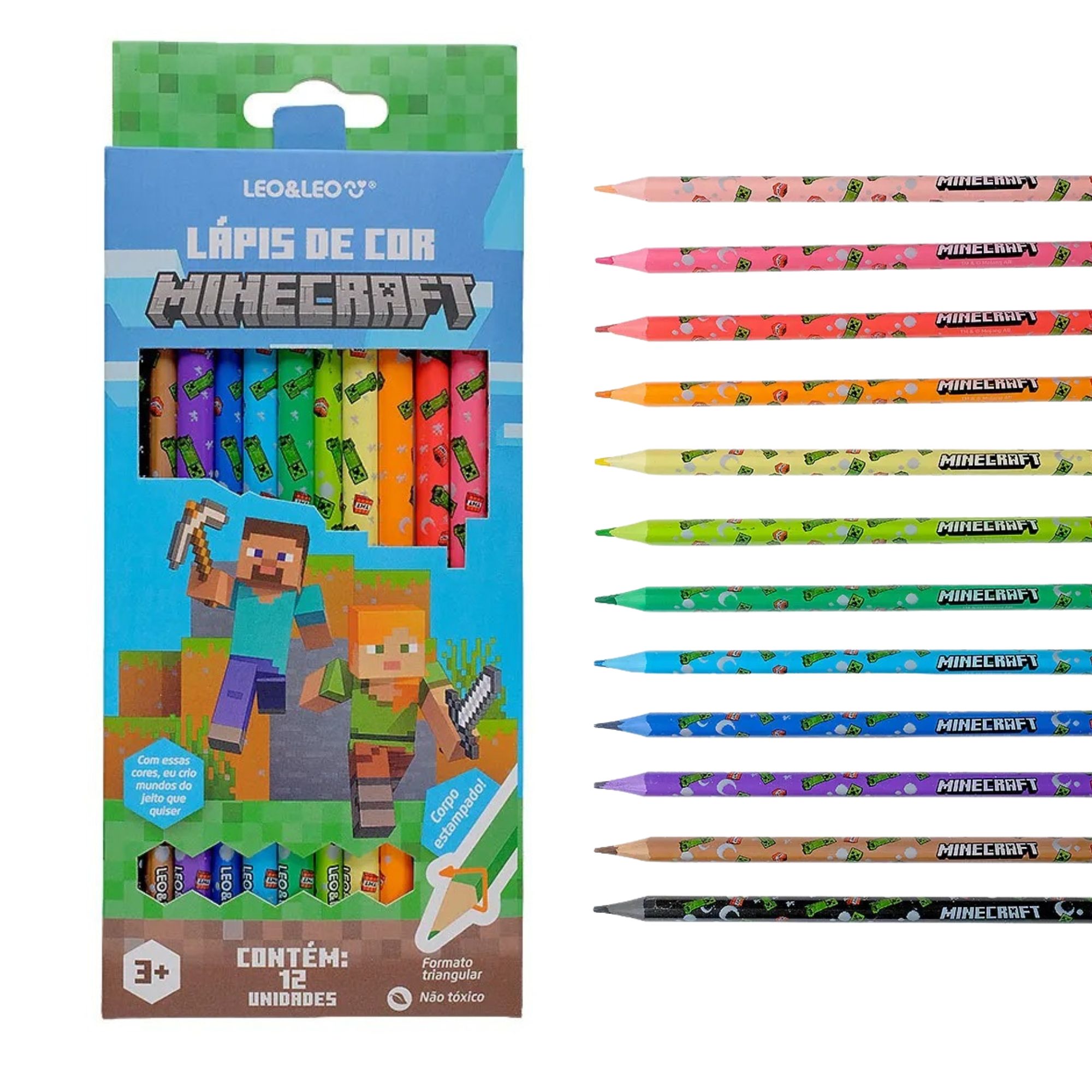 Lápis de Cor Minecraft Formato Triangular 12 Cores Leo&Leo Leonora - 10675