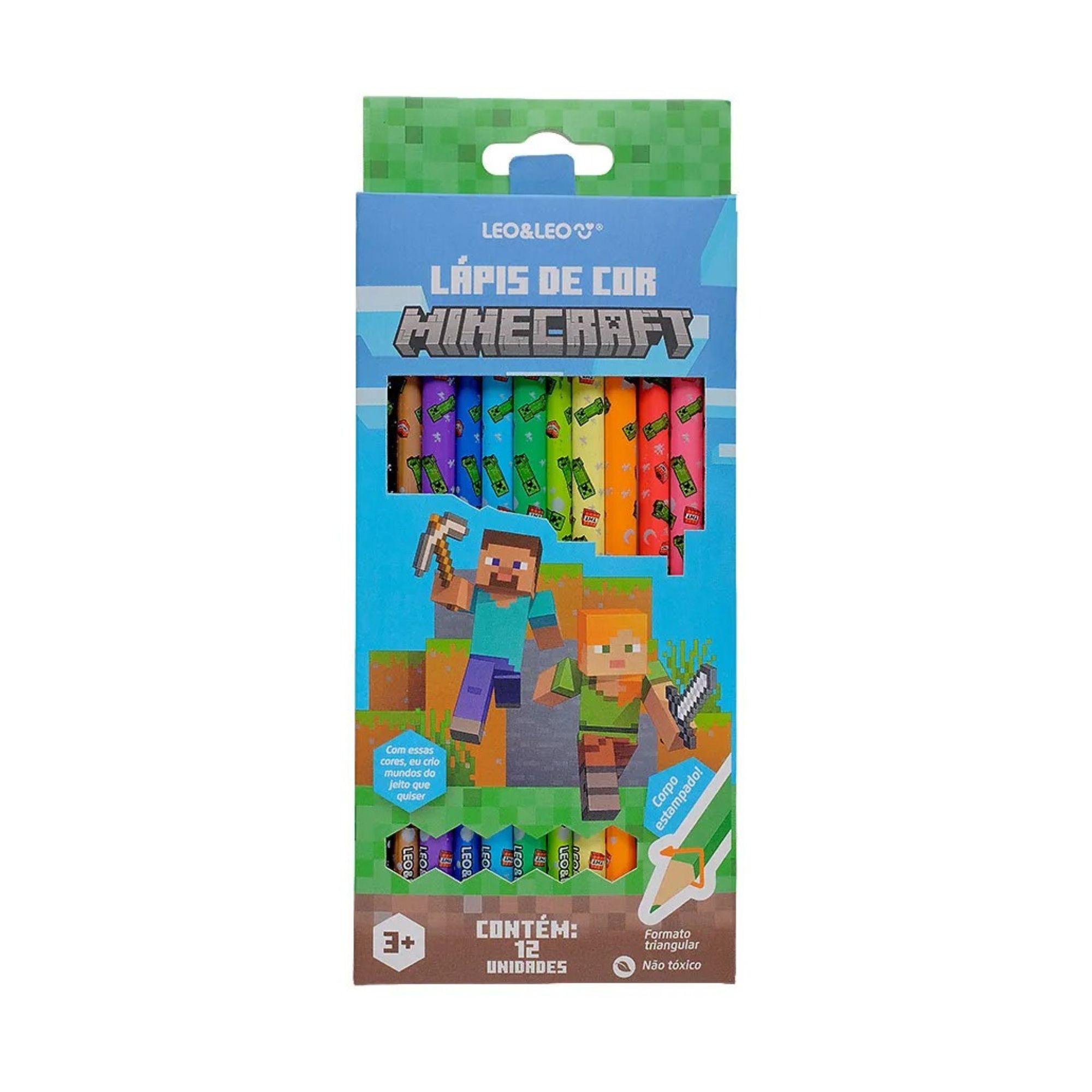 Lápis de Cor Minecraft Formato Triangular 12 Cores Leo&Leo Leonora - 10675
