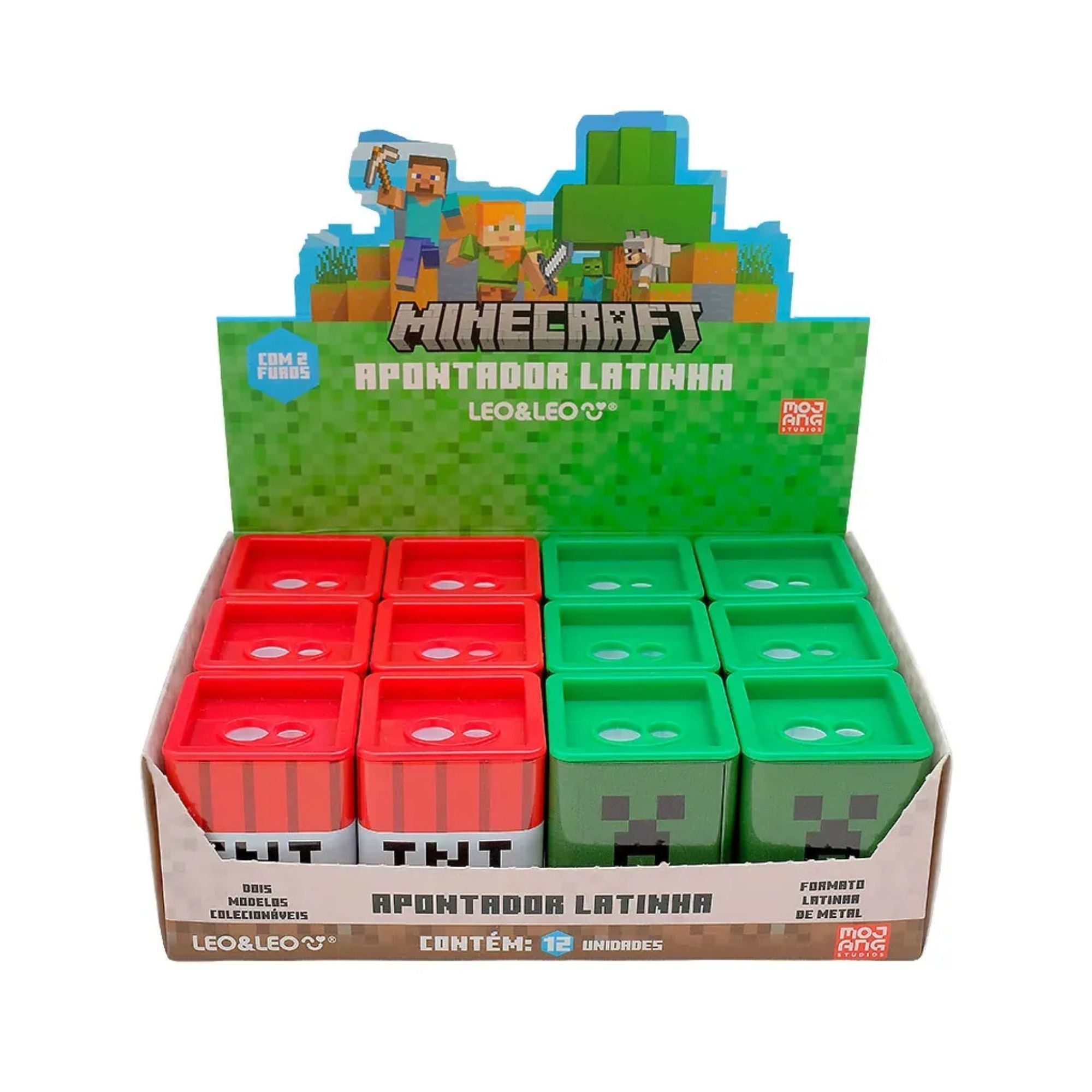 Apontador Latinha Minecraft Quadrado Duplo c/ Depósito (Display c/ 12 und) Leo&Leo Leonora - 10714