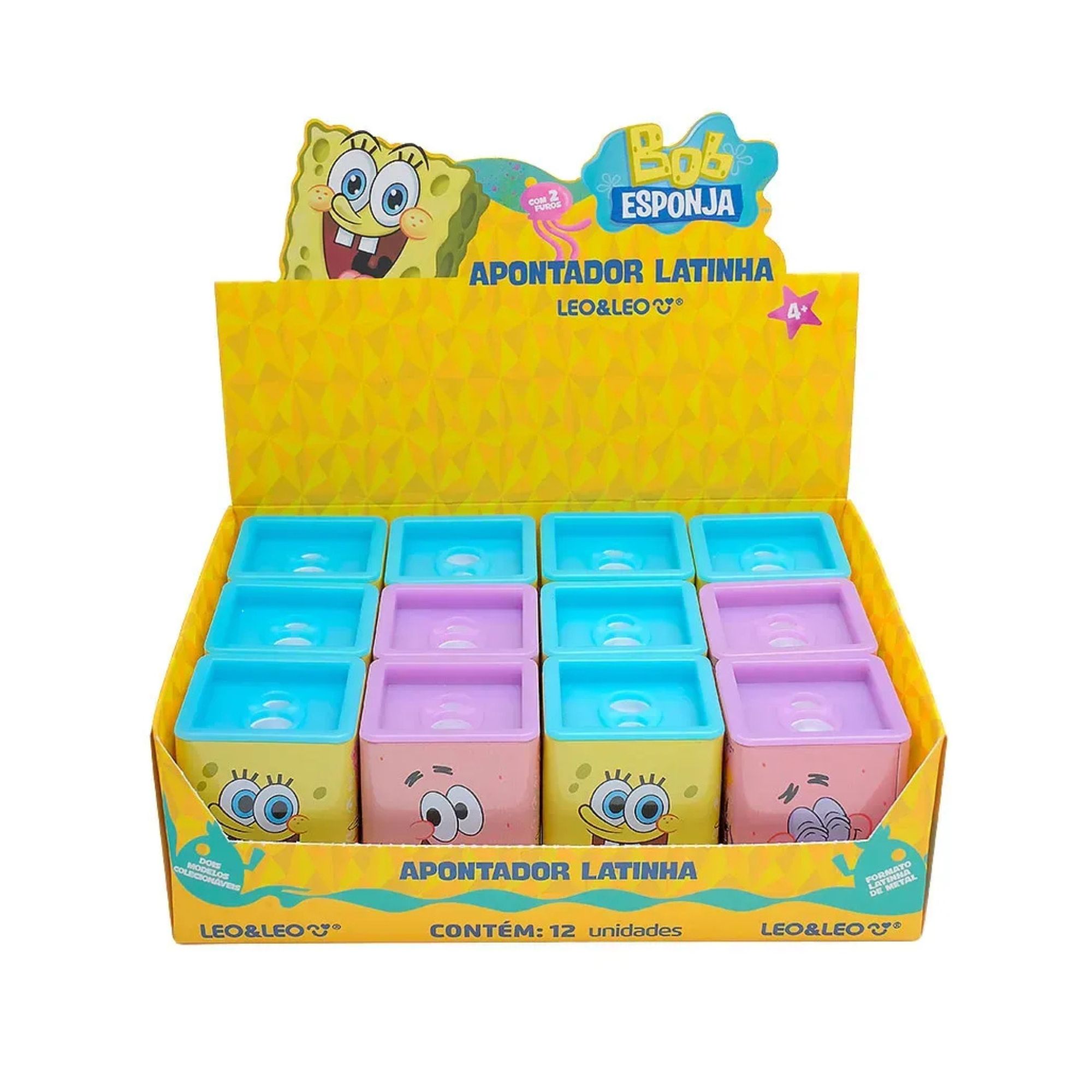 Apontador Latinha Bob Esponja Quadrado Duplo com Depósito (Display c/ 12 unidades) Leonora - 10715